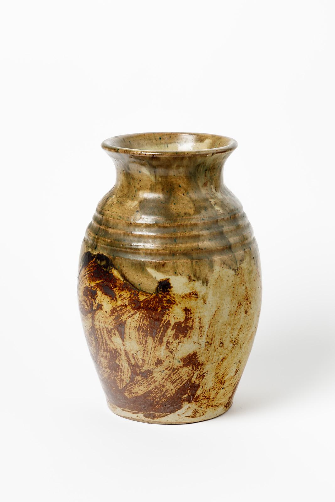 European Lucien Talbot 20th century brown art deco stoneware ceramic vase La Borne 1940 For Sale