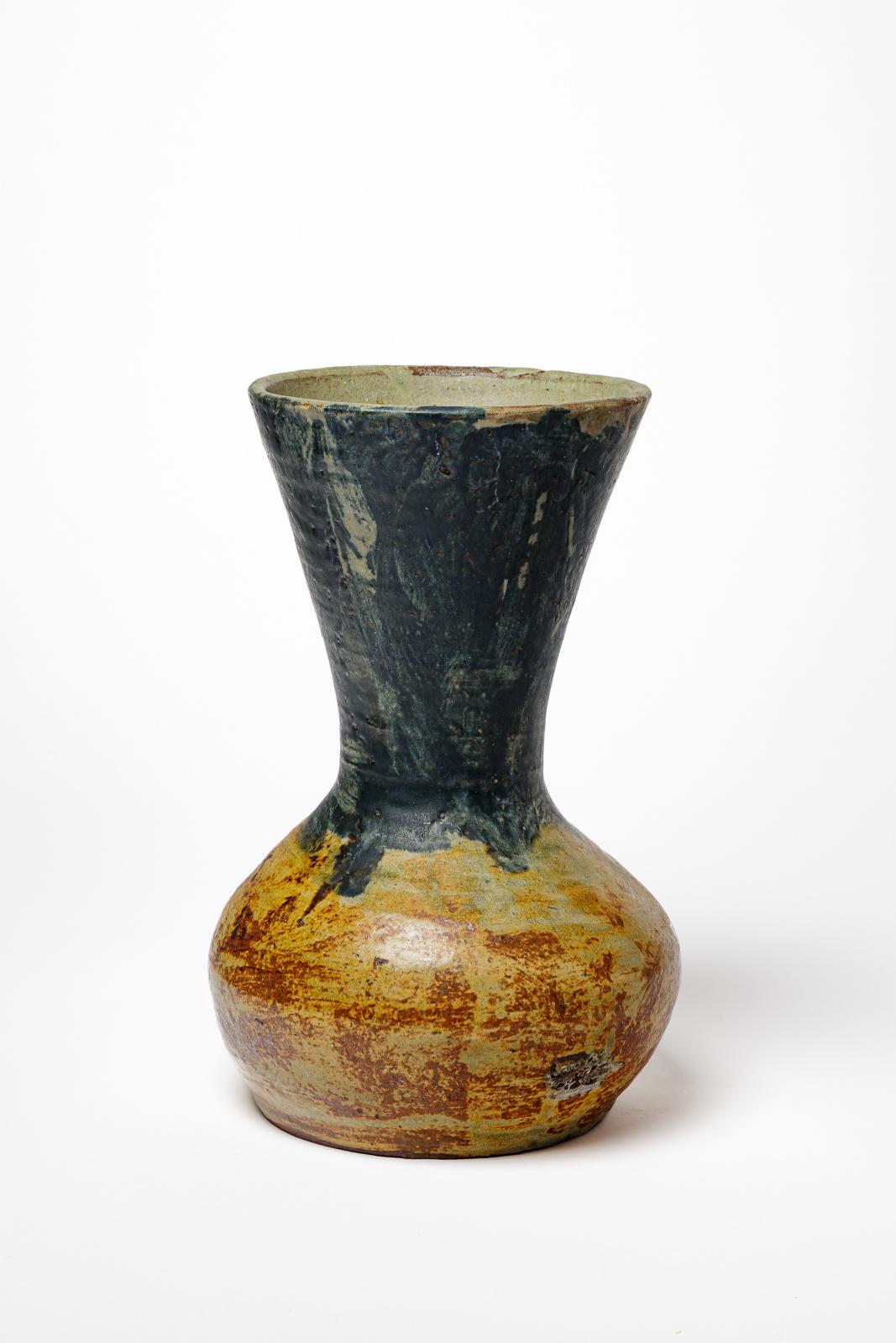 Lucien Talbot La Borne 20. art deco braun und blau steinzeug keramik vase 1940 (Französisch) im Angebot