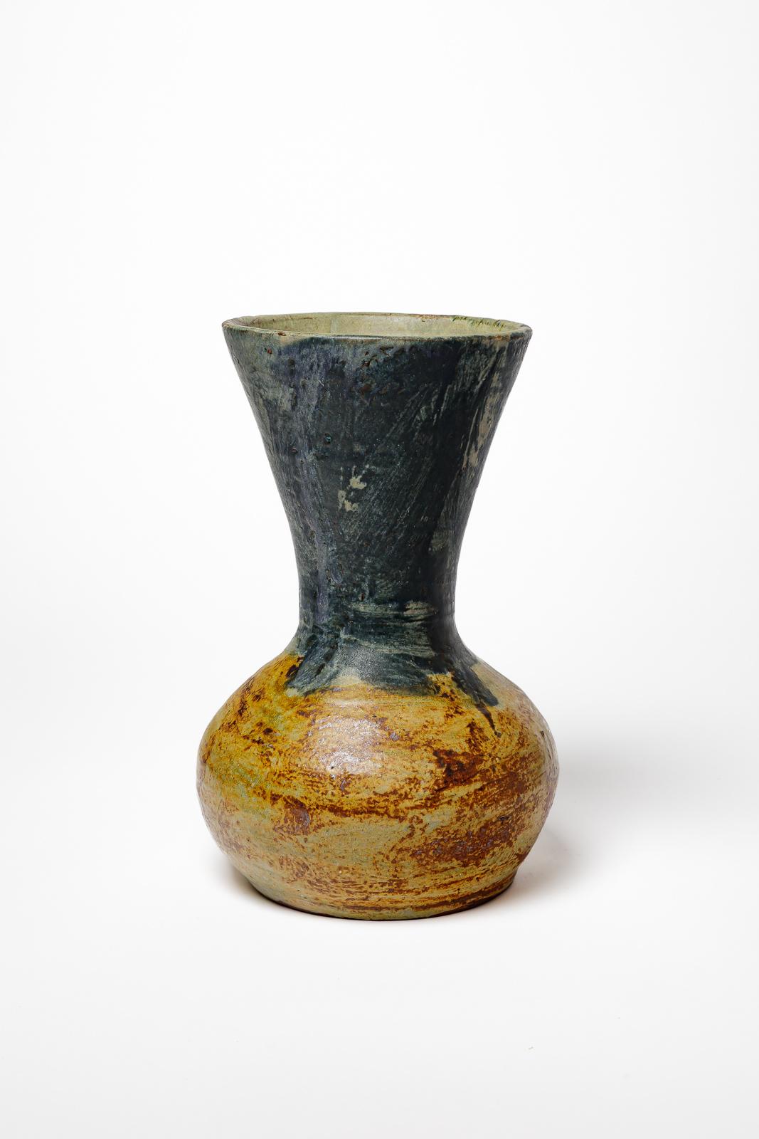 Lucien Talbot La Borne 20. art deco braun und blau steinzeug keramik vase 1940 im Zustand „Hervorragend“ im Angebot in Neuilly-en- sancerre, FR
