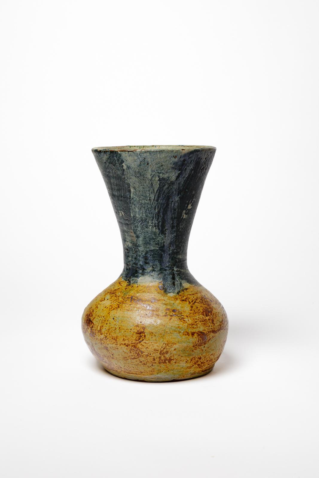 Lucien Talbot La Borne 20. art deco braun und blau steinzeug keramik vase 1940 im Angebot 1