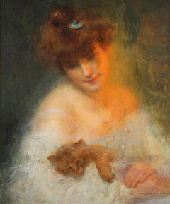 Buste de jeune femme avec un chat - Symbolist Portrait Oil by Guirand de Scevola