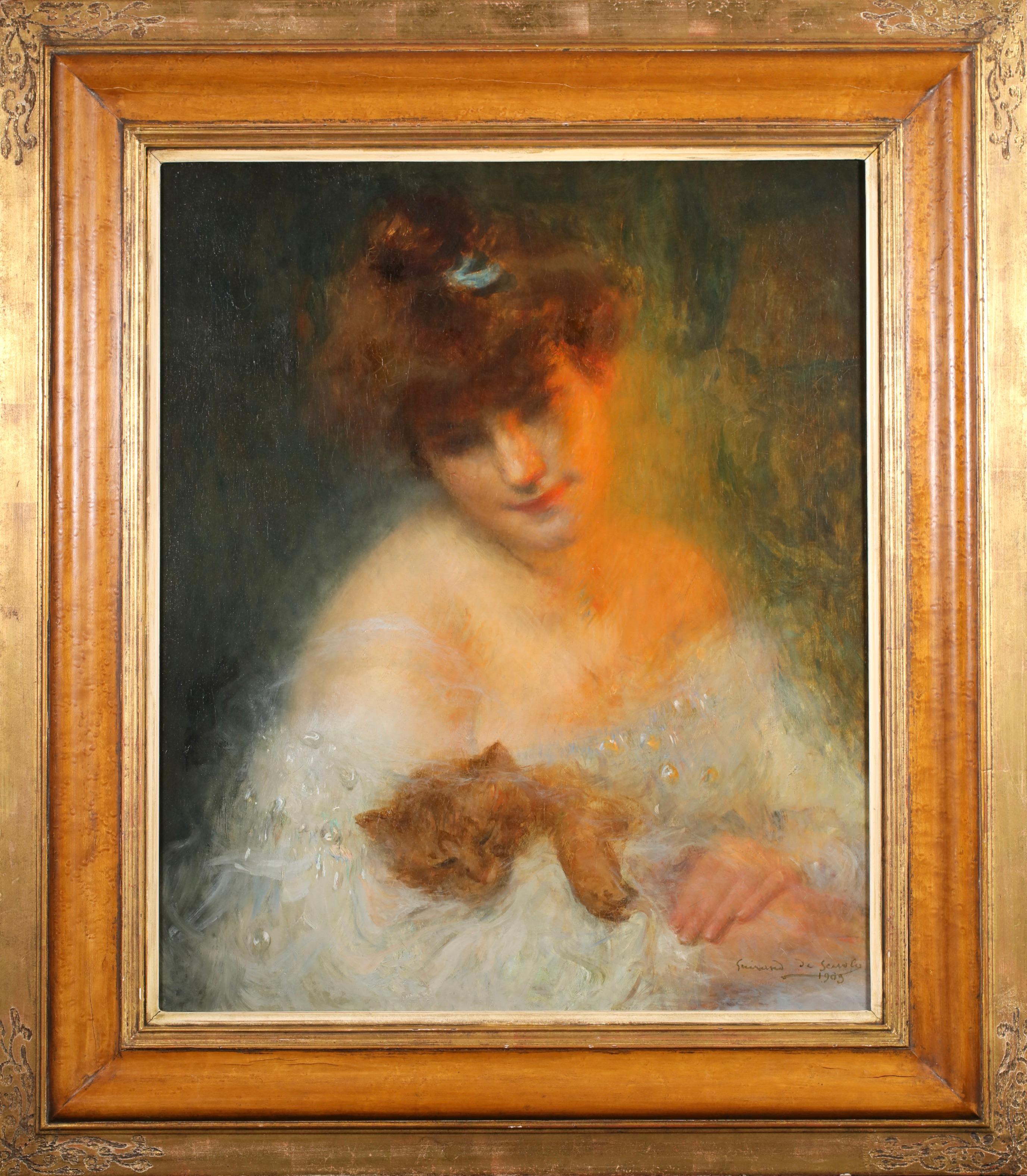 Lucien Victor Guirand de Scevola Animal Painting – Buste de jeune femme avec un chat - Symbolistisches Porträt Öl von Guirand de Scevola