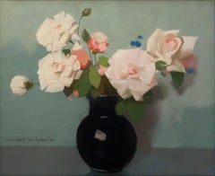 White Roses and Black Vase