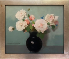 Antique White Roses and Black Vase