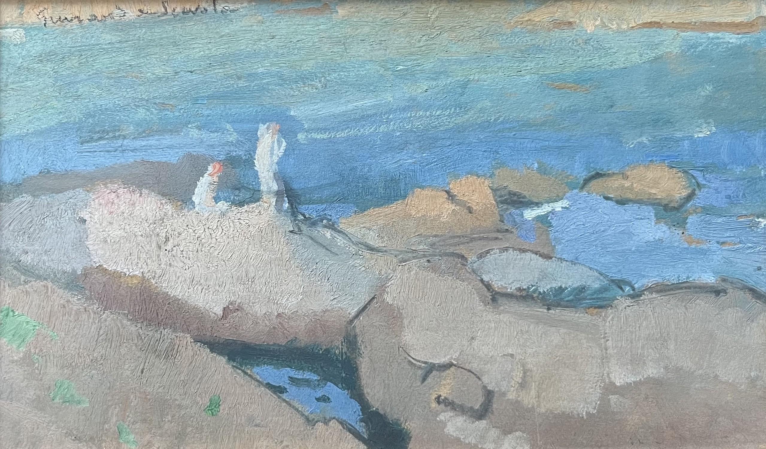 Lucien-Victor Guirand de Scévola ( 1871 - 1950)
Un paysage marin avec des baigneurs
signé en en haut à gauche
Huile sur papier transférée sur toile  
18 x 29.5 cm 
En bon état une très légère échancrure est perceptible au centre entre les deux