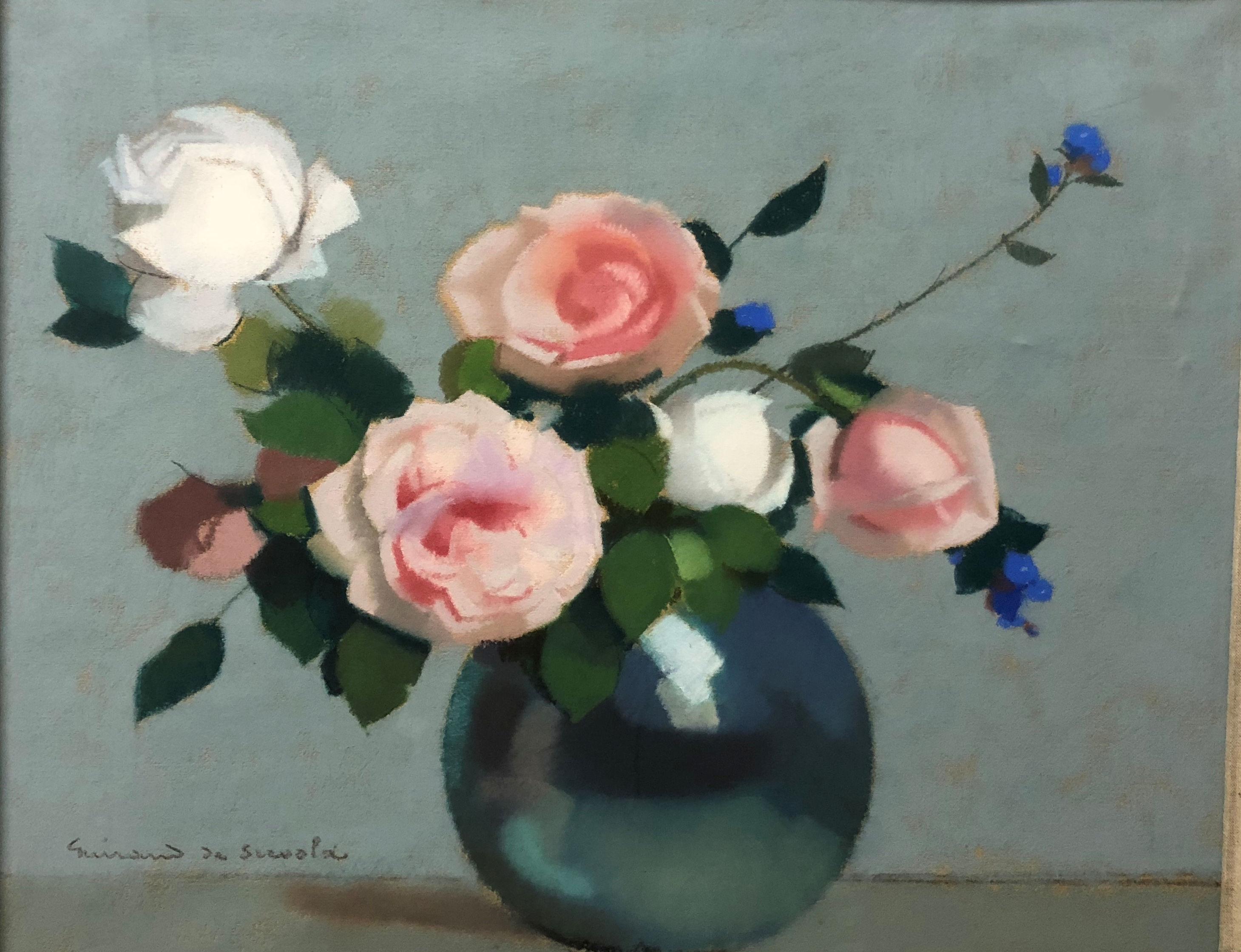 Lucien-Victor Guirand de Scévola Still-Life Painting - "Roses and cornflowers" Pastel  cm. 44 x 36     1915 ca