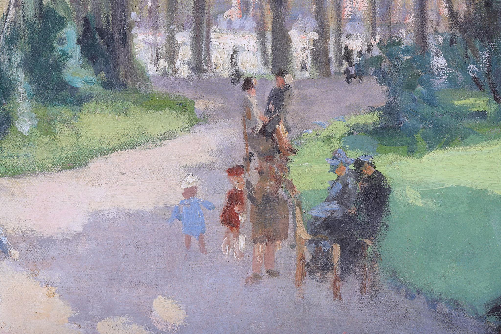 Lucienne Bisson
A beautiful painting in a handmade frame finished in gold leaf. It is in excellent condition and provides a glimpse into the parks in Paris on a beautiful French summers day.

Canvas Size: 20 x 24