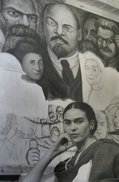 Frida in front of the Unfinished Unity Panel, New Workers School, NY