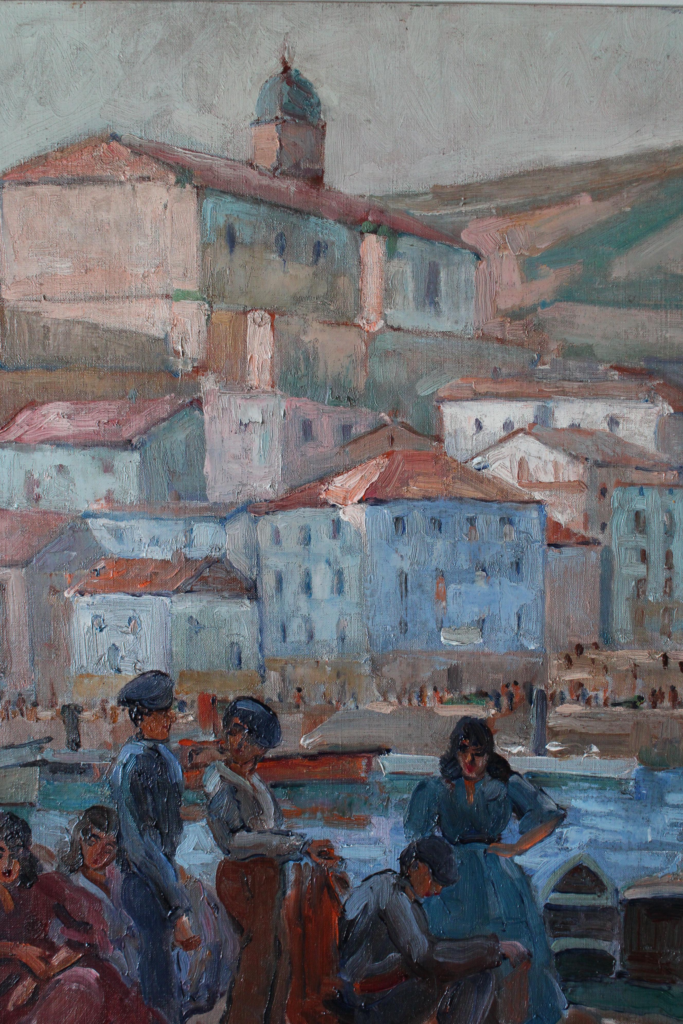 Vintage post-impressionistischen Landschaft Ölgemälde von einem Französisch Hafen – Painting von Lucienne Capdevielle
