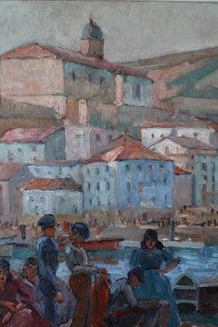 Vintage post-impressionist landscape oil painting of a French port