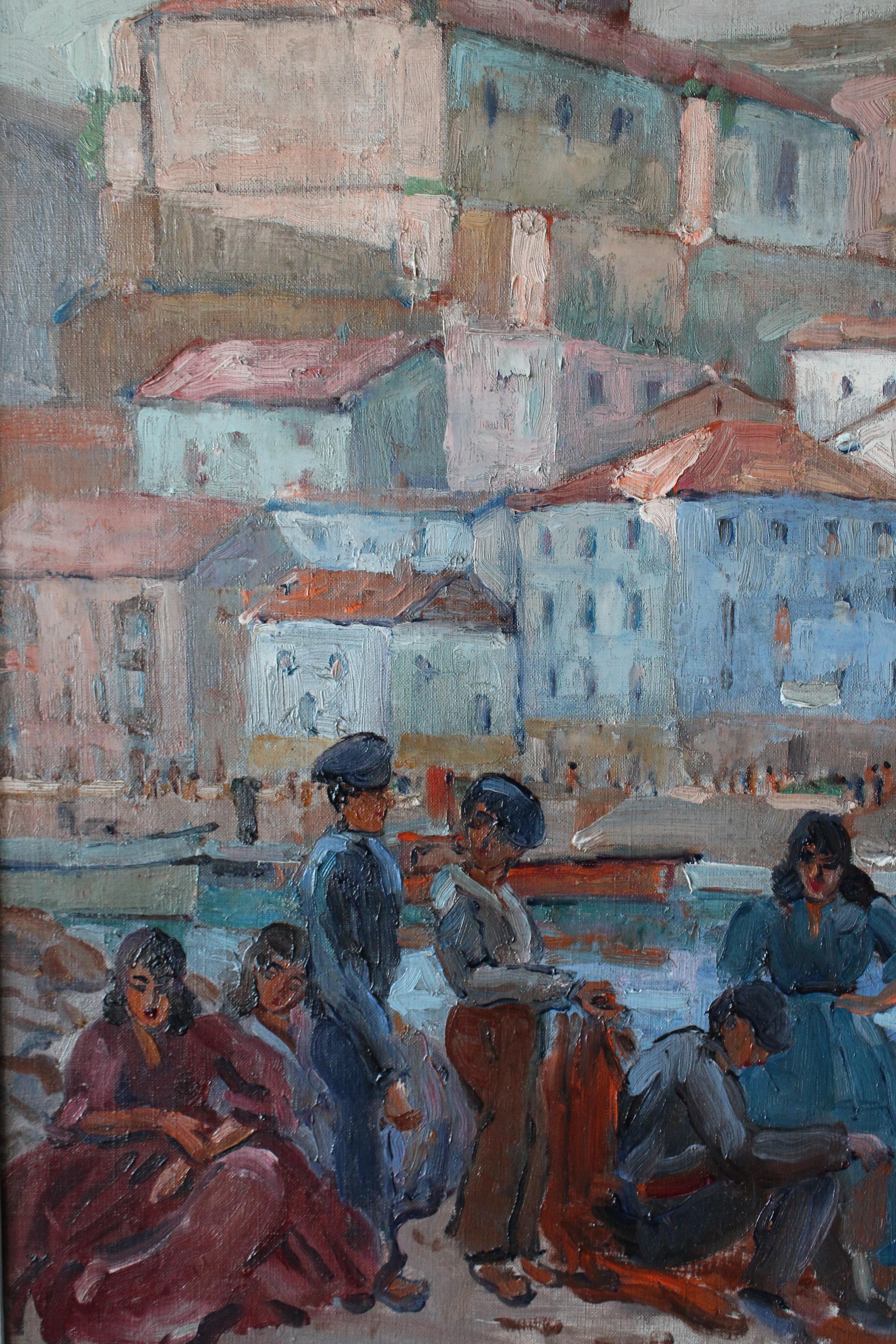 Vintage post-impressionistischen Landschaft Ölgemälde von einem Französisch Hafen (Post-Impressionismus), Painting, von Lucienne Capdevielle