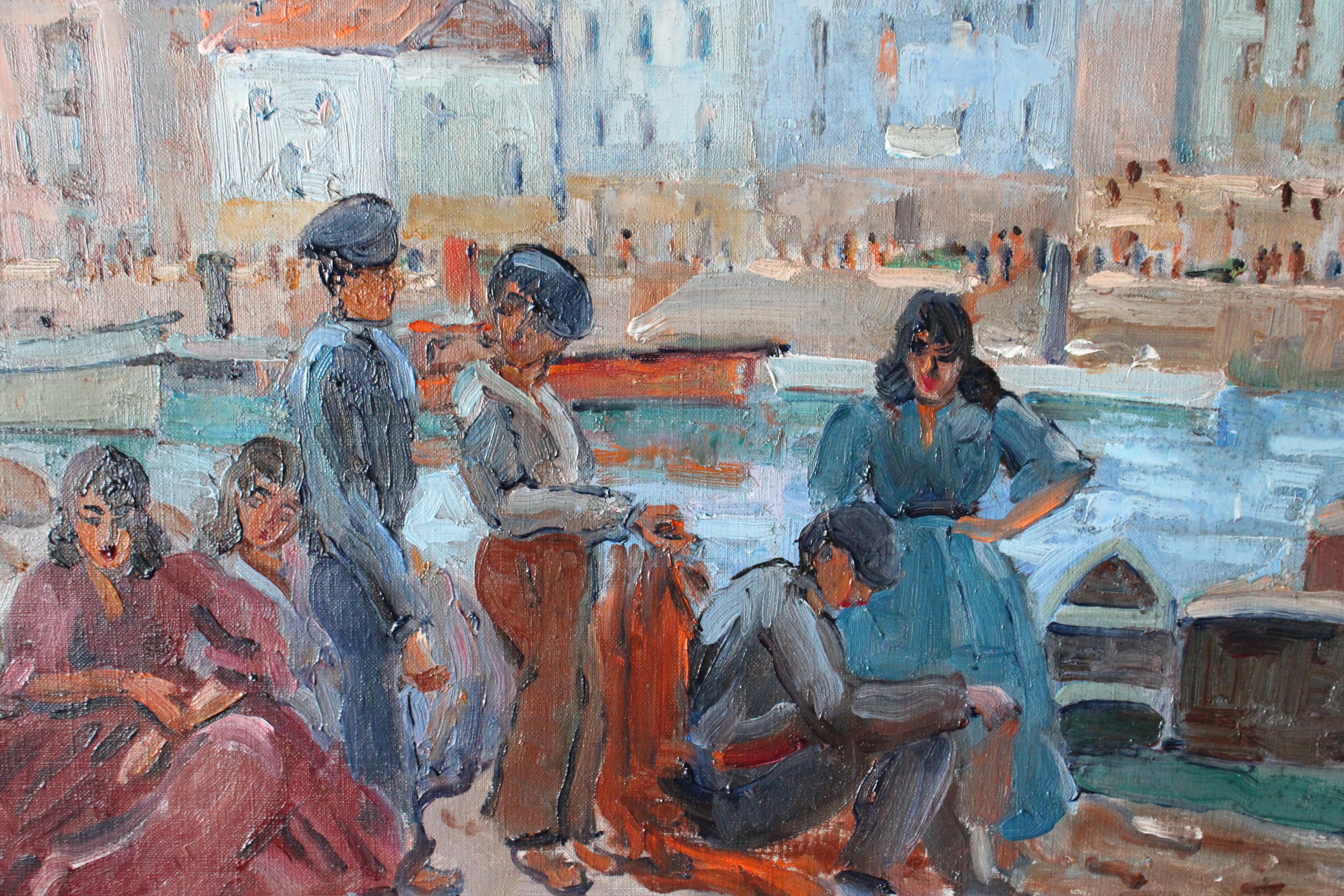 Vintage post-impressionistischen Landschaft Ölgemälde von einem Französisch Hafen (Grau), Landscape Painting, von Lucienne Capdevielle