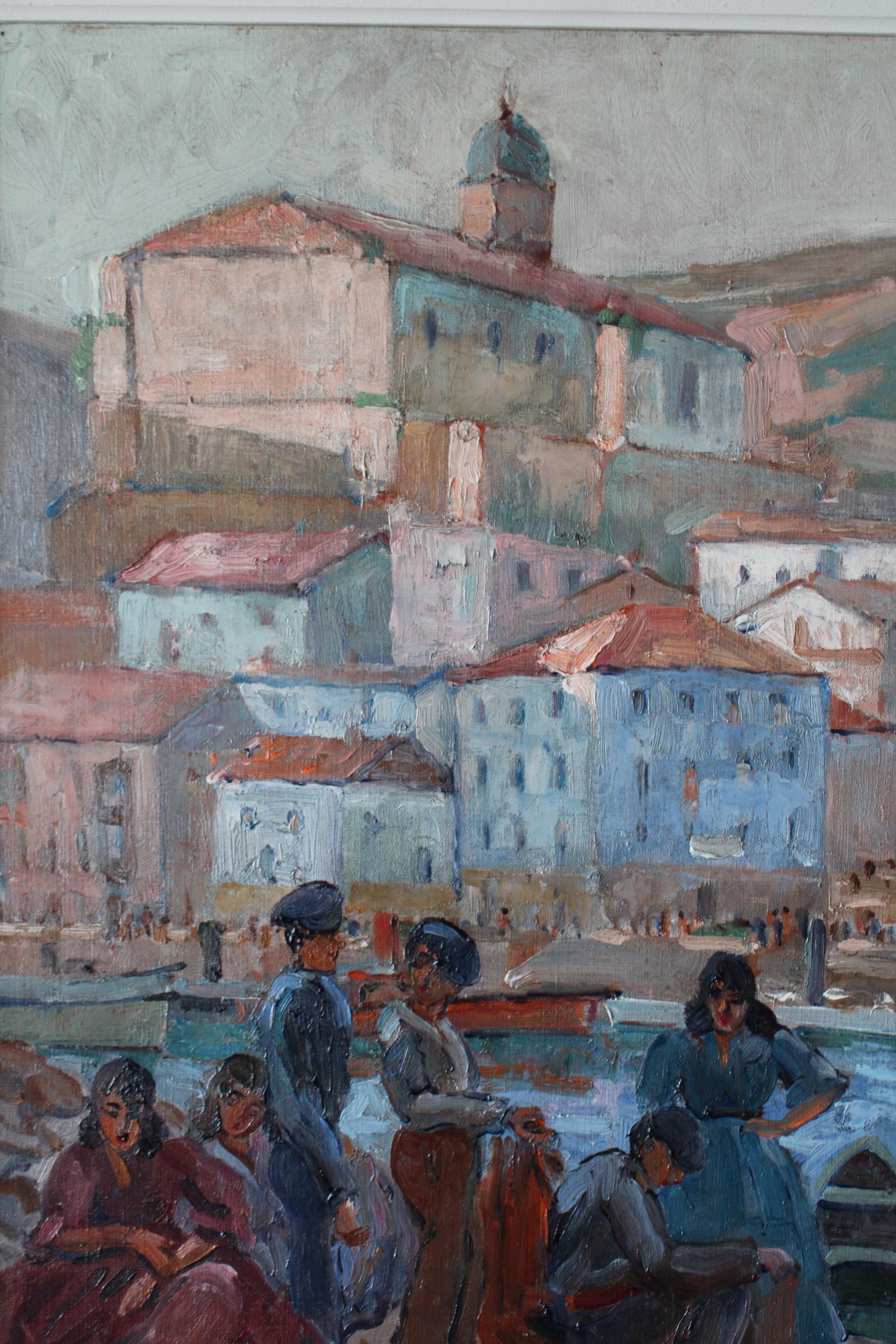 Vintage post-impressionistischen Landschaft Ölgemälde von einem Französisch Hafen im Angebot 1