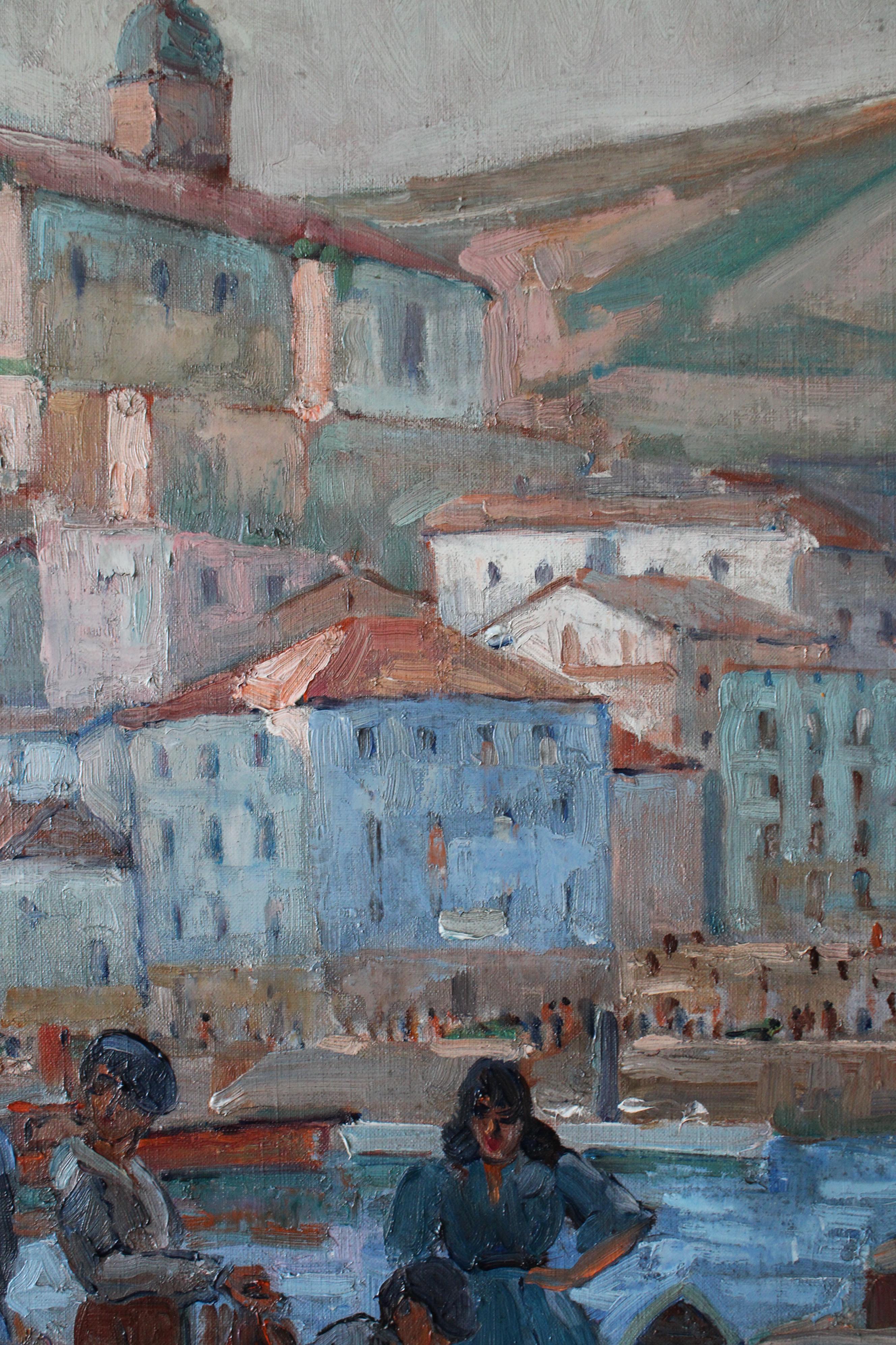 Vintage post-impressionistischen Landschaft Ölgemälde von einem Französisch Hafen im Angebot 4