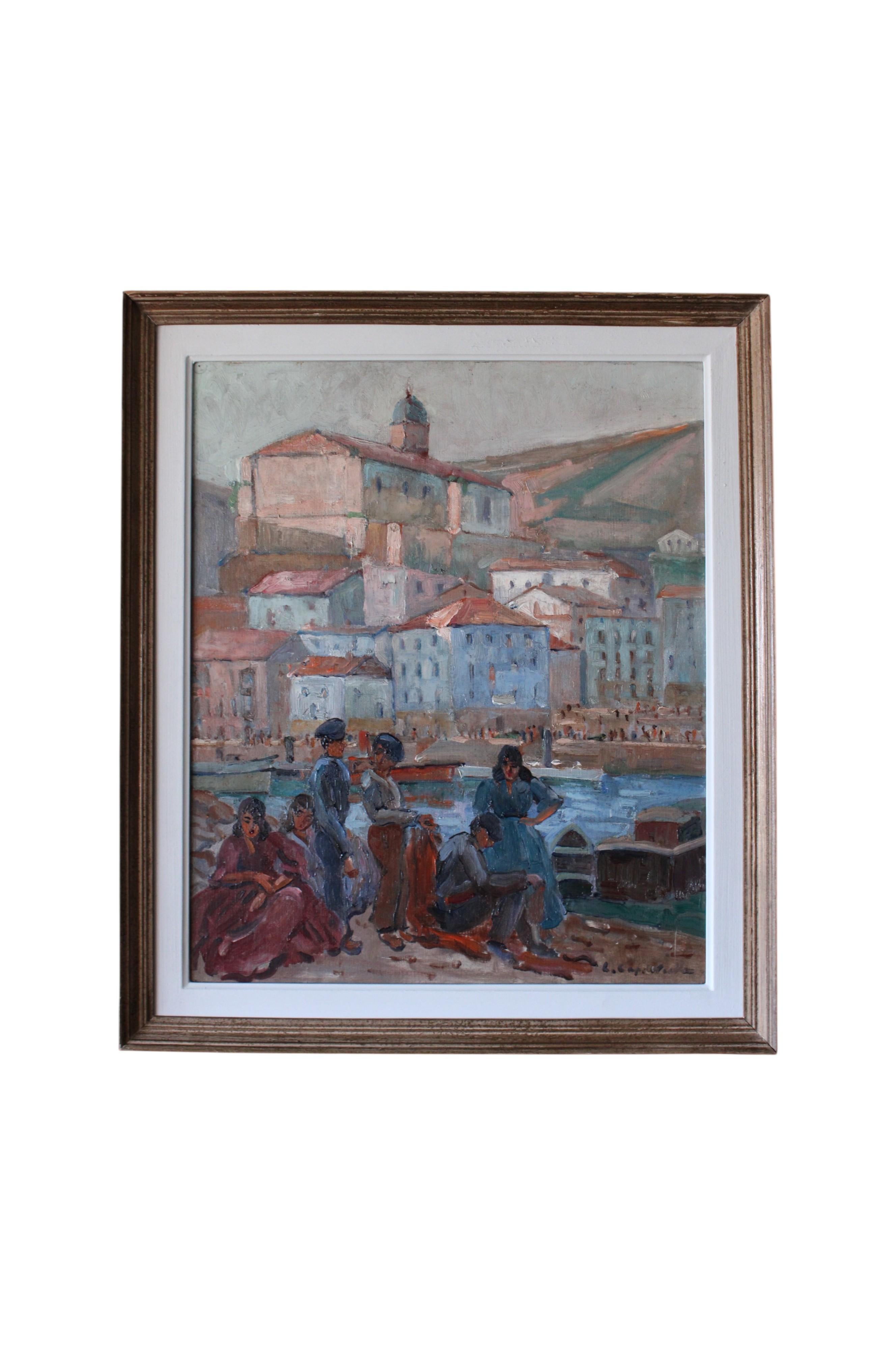 Lucienne Capdevielle Landscape Painting – Vintage post-impressionistischen Landschaft Ölgemälde von einem Französisch Hafen