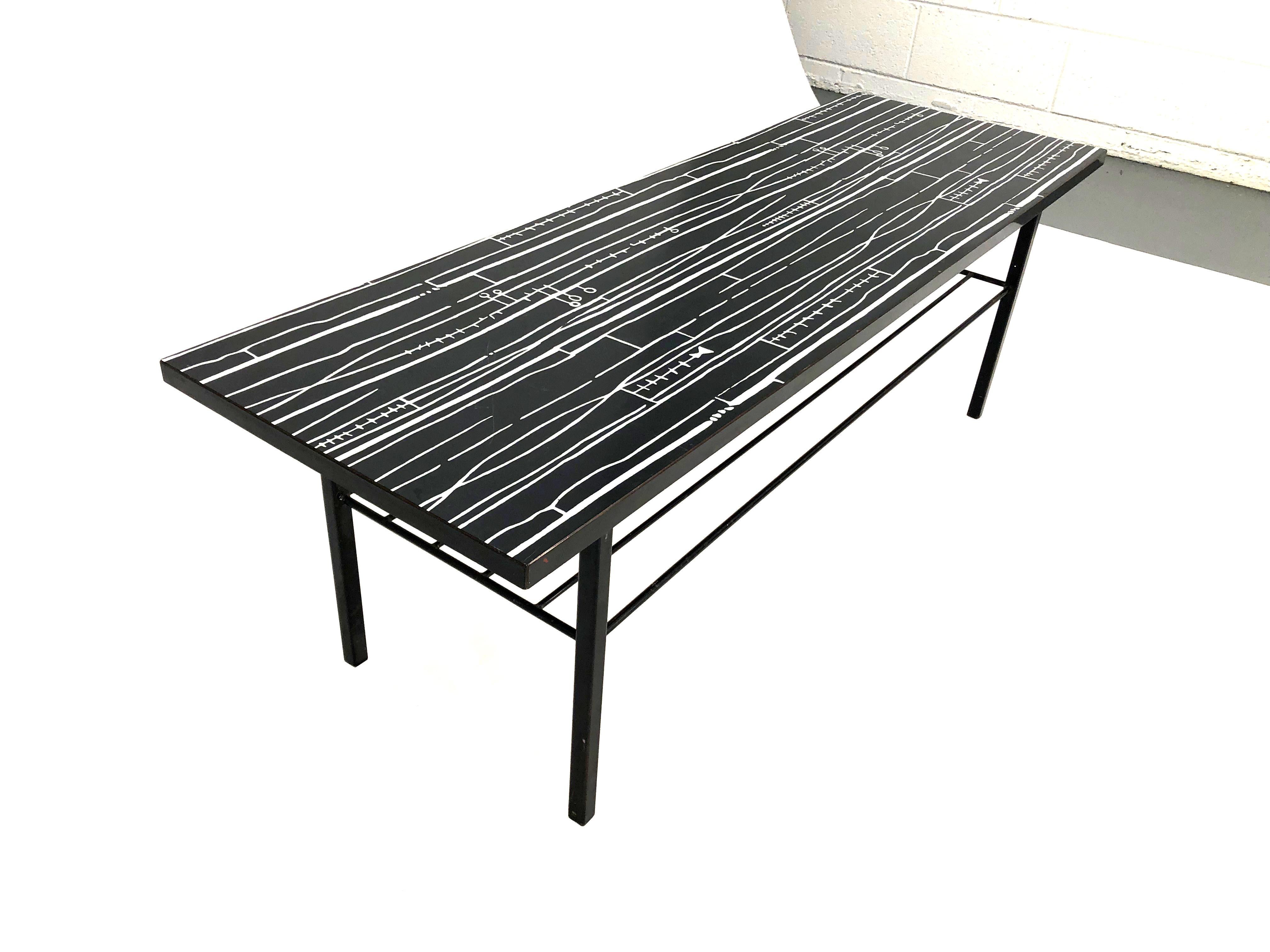 Lucienne Day Coffee Table in Geometric Print Laminate and Wrought Iron In Good Condition In Littleton, CO