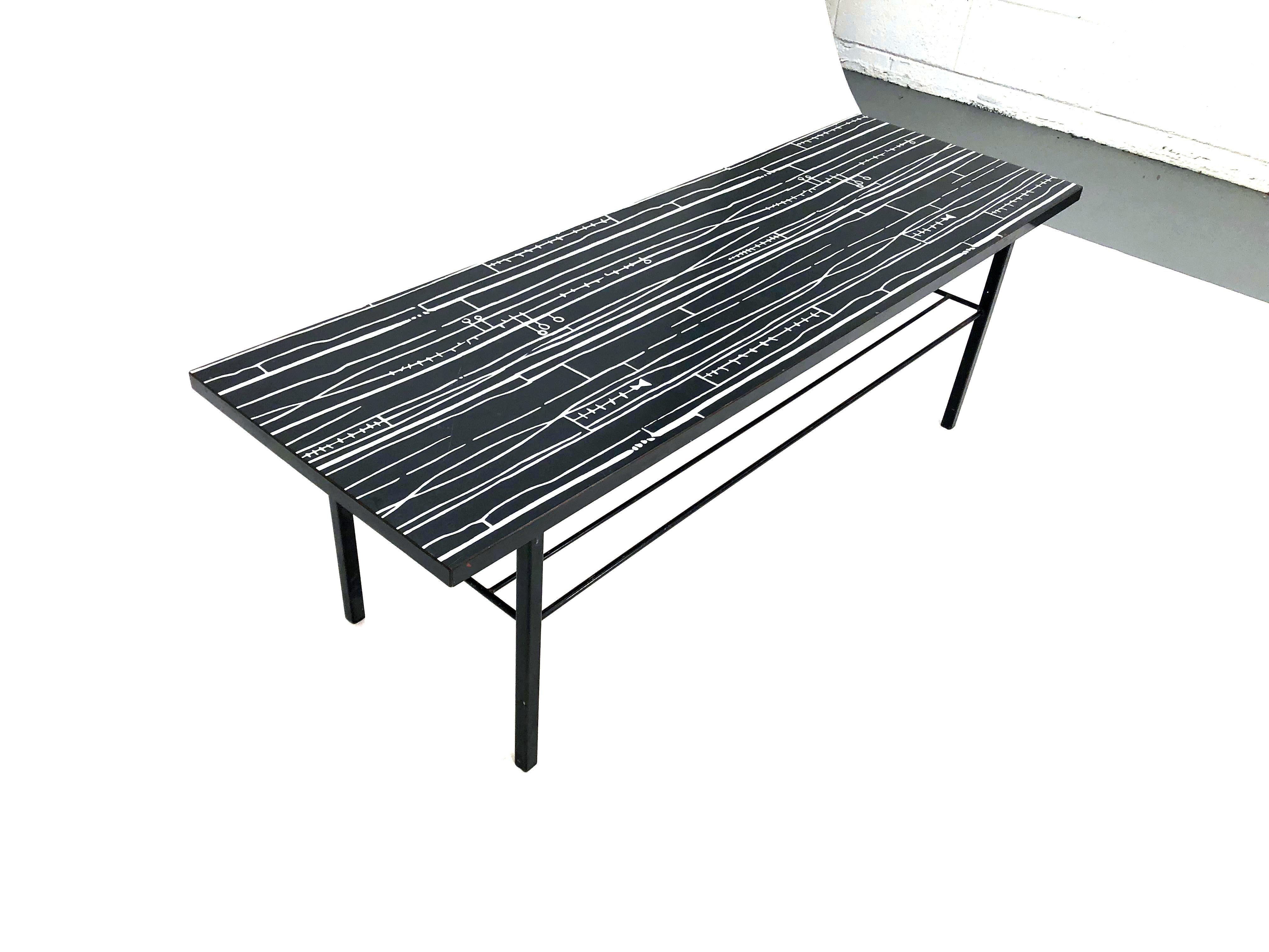 Mid-20th Century Lucienne Day Coffee Table in Geometric Print Laminate and Wrought Iron