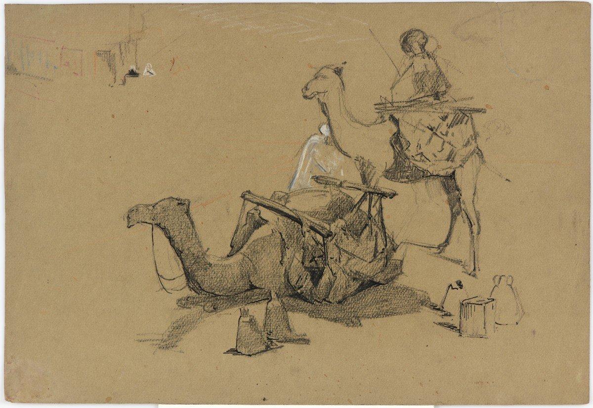 Tres dibujos de Vista en Egipto - Landscape Painting Beige de Lucienne Epron