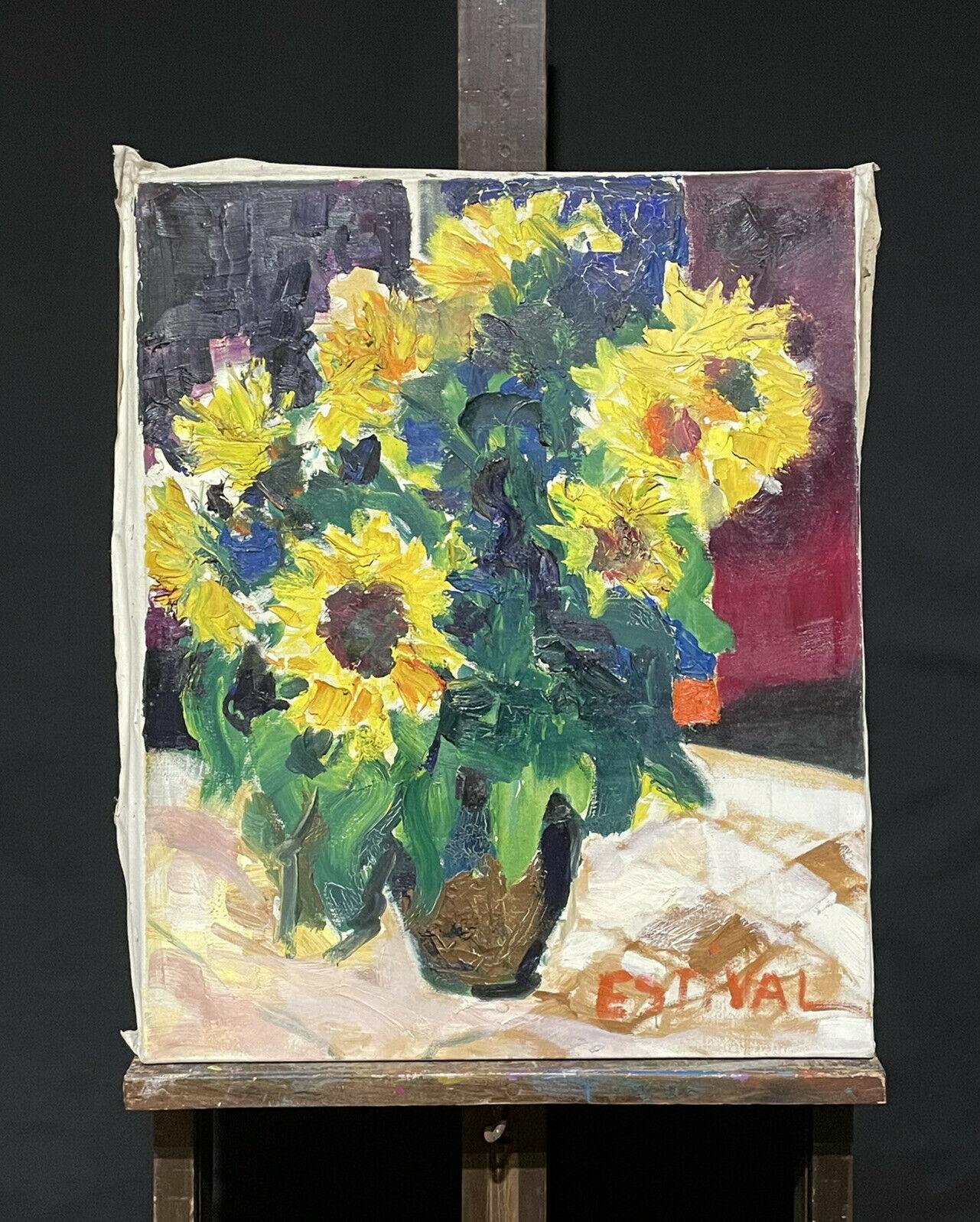 Lucienne Estival-Grandgerard  Still-Life Painting - LARGE FRENCH POST-IMPRESSIONIST STILL LIFE OIL PAINTING SUNFLOWERS IN ROOM