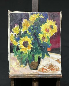 LARGE FRENCH POST-IMPRESSIONIST STILL LIFE OIL PAINTING SUNFLOWERS IN ROOM
