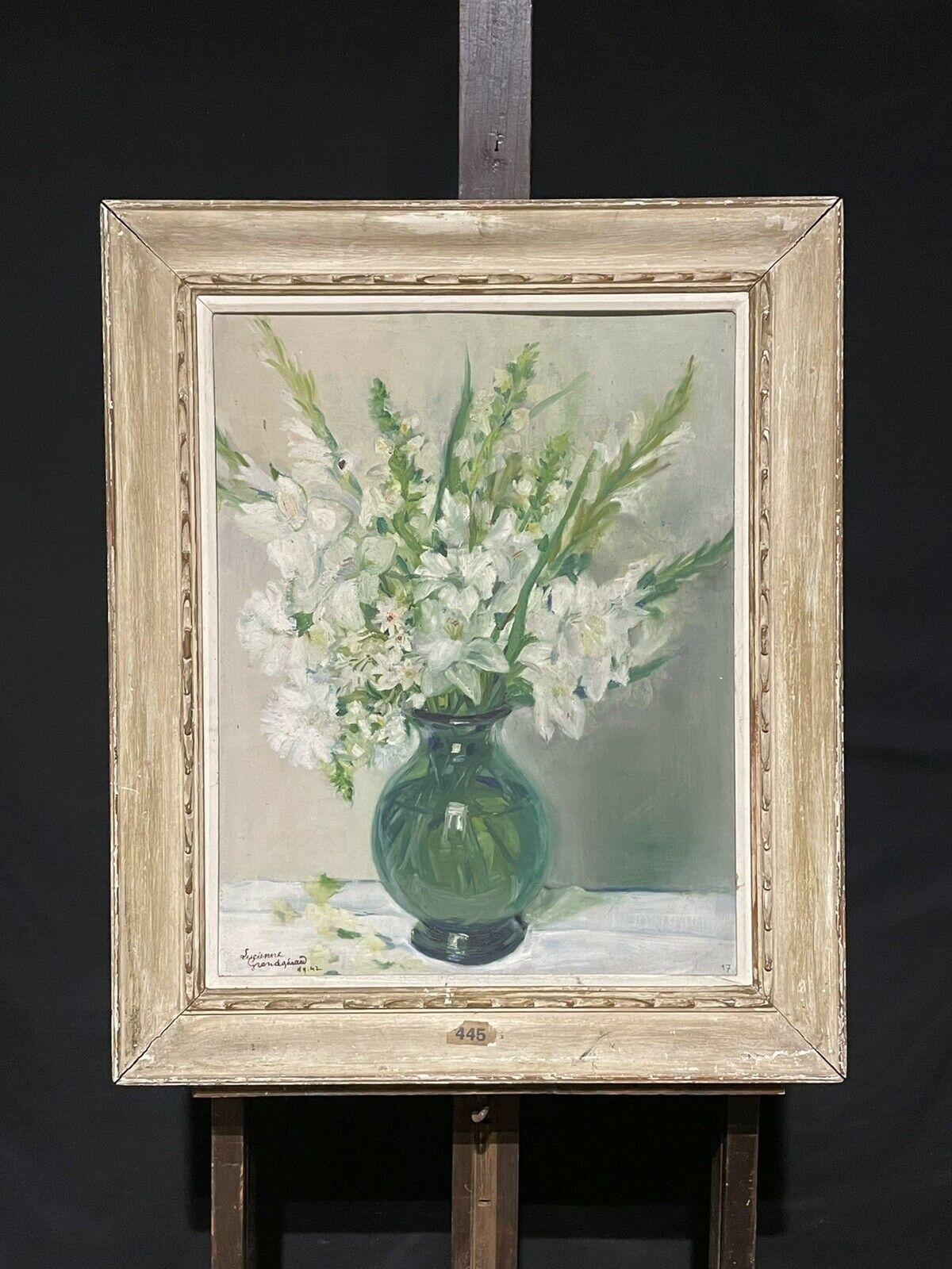 1940's FRENCH SIGNED OIL PAINTING - WHITE FLOWERS IN GREEN GLASS VASE - LARGE - Painting by Lucienne Estival - Grandgerard
