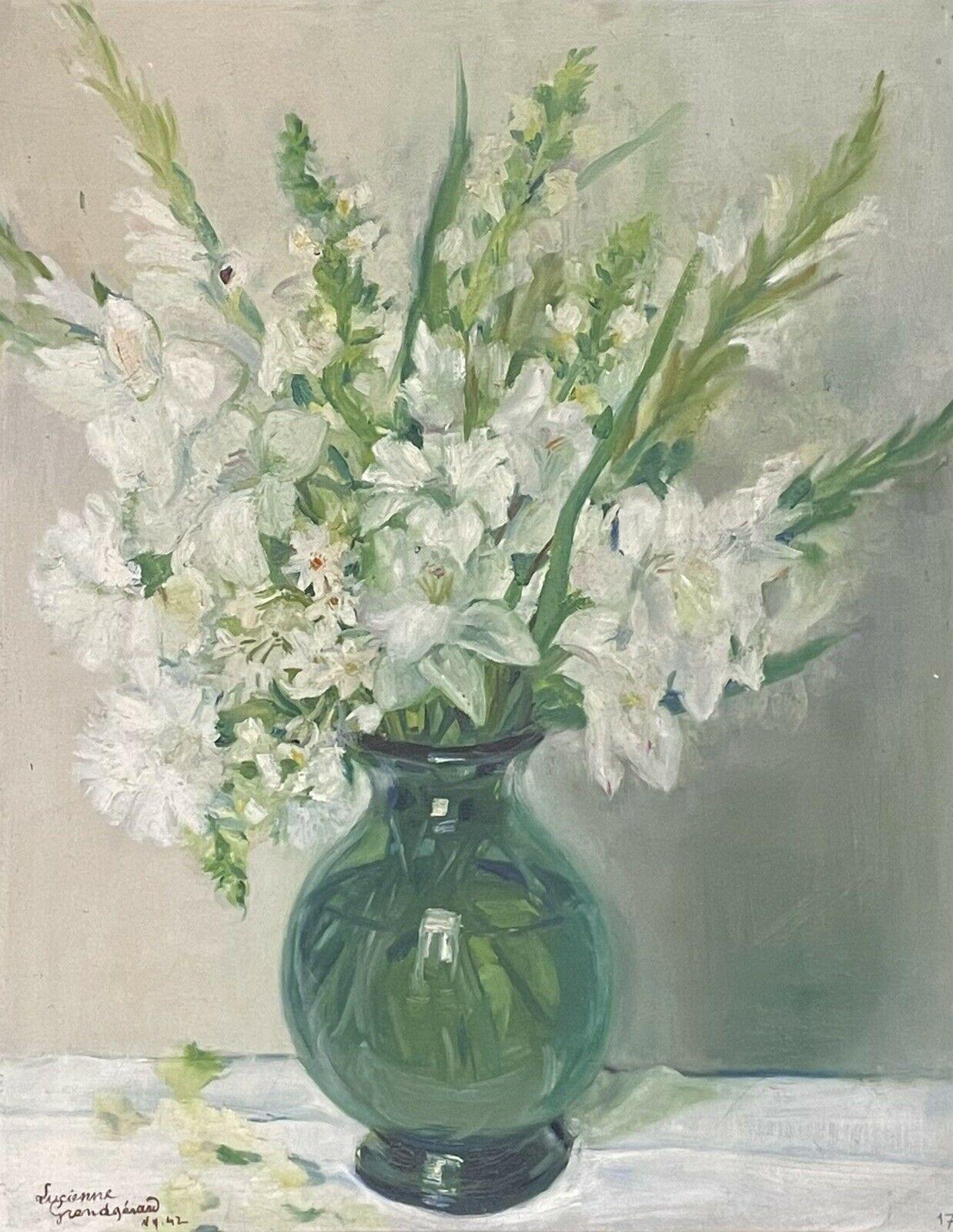 Lucienne Estival - Grandgerard Still-Life Painting - 1940's FRENCH SIGNED OIL PAINTING - WHITE FLOWERS IN GREEN GLASS VASE - LARGE