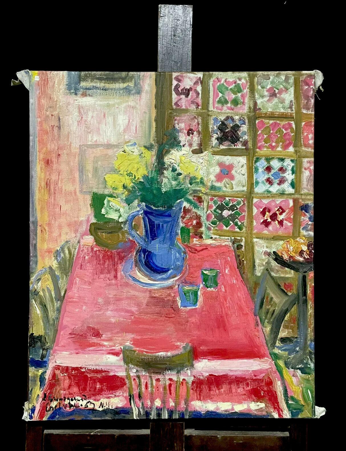 Luci Estival-Grandgerard (1896-1975) Signed French Modernist Oil Pink Interior - Painting by Lucienne Estival - Grandgerard