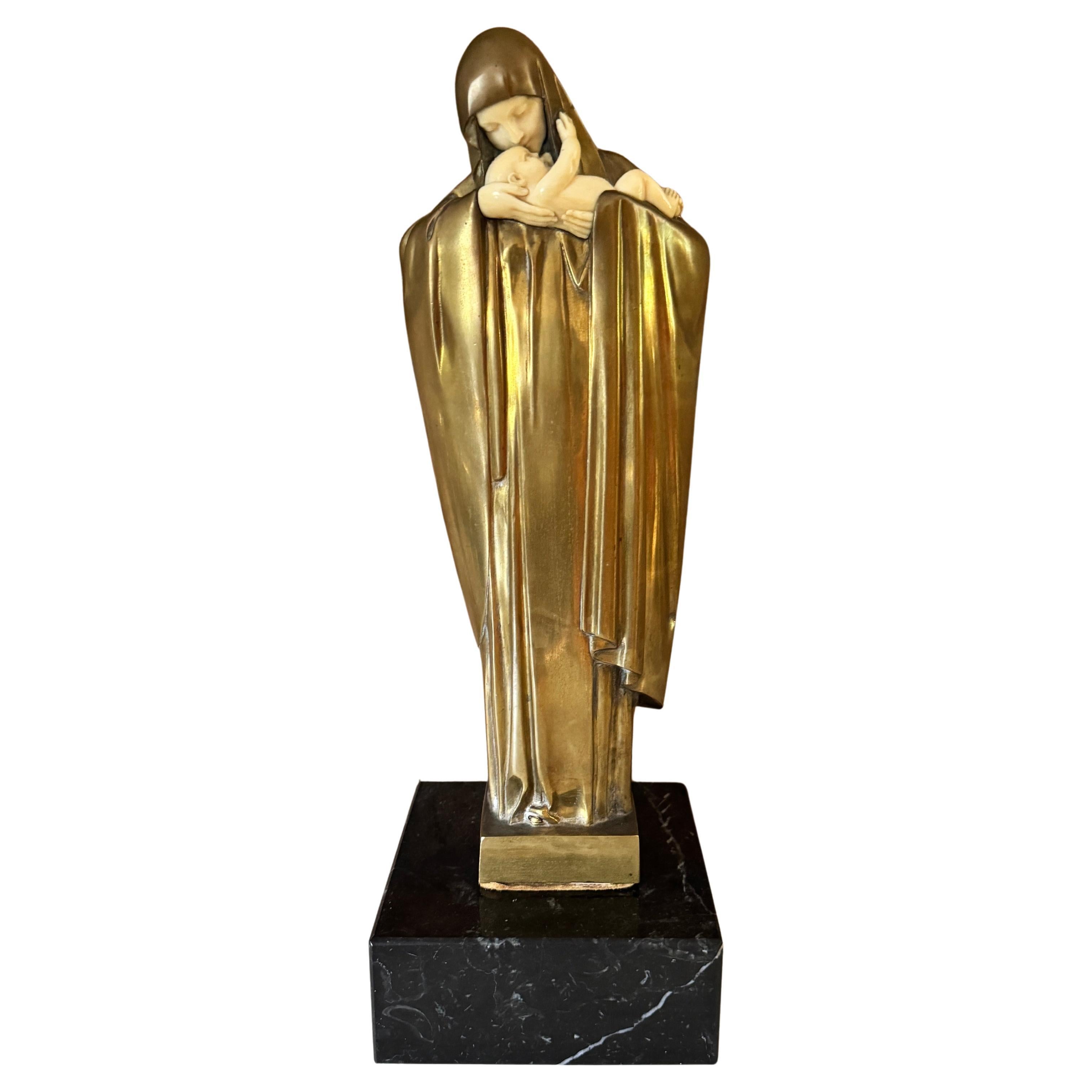 Lucienne Heuvelmans patinated bronze Art Deco statue Madonna & Child
