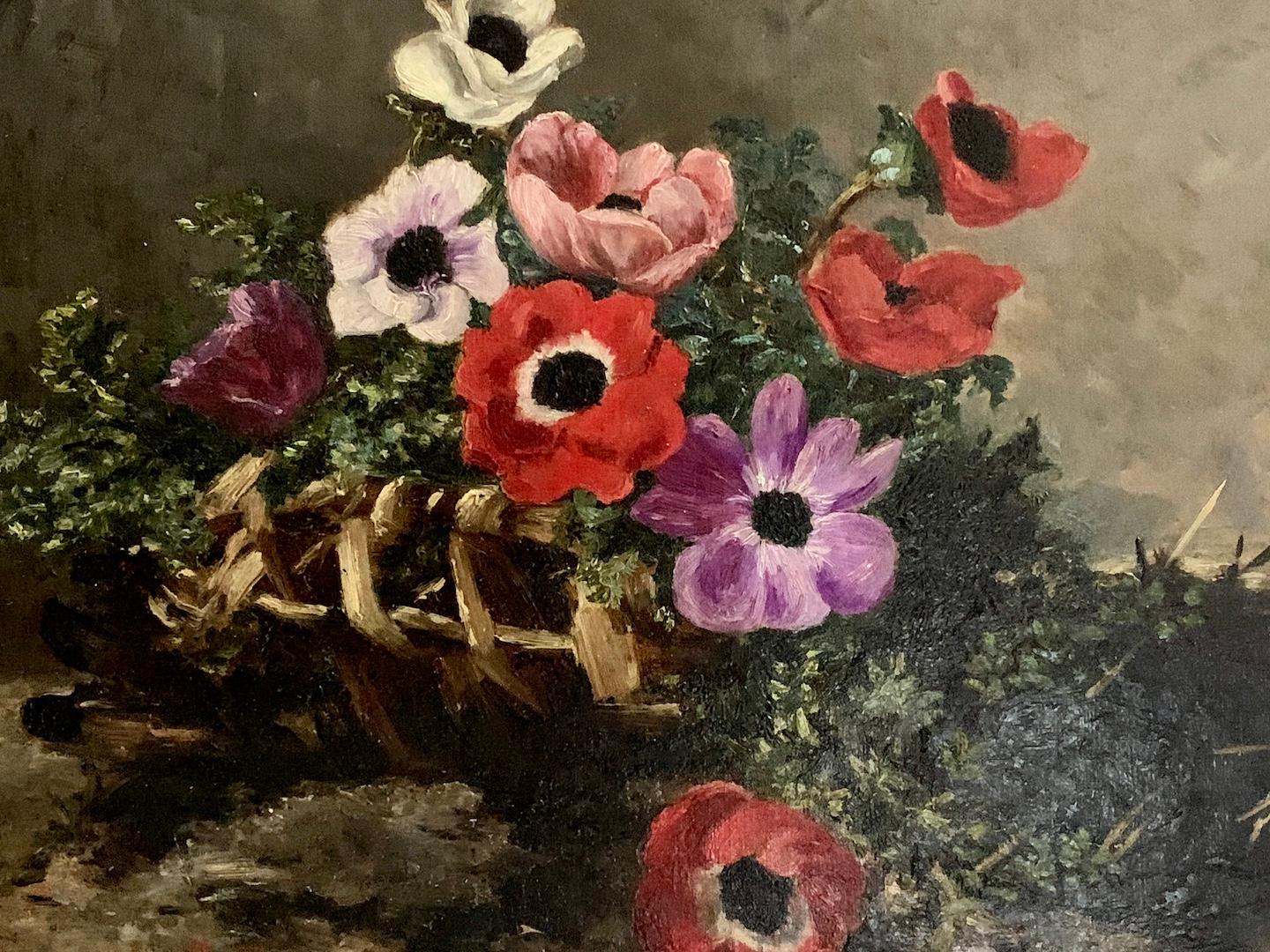 Antique French 19th century Still life of flowers in a basket - Painting by Lucienne Lemercier