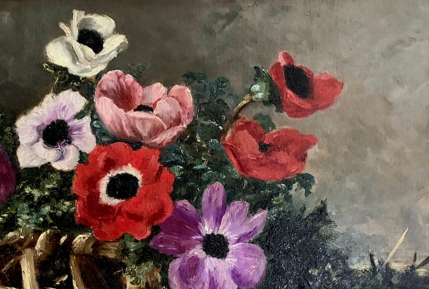Antique French 19th century Still life of flowers in a basket - Victorian Painting by Lucienne Lemercier