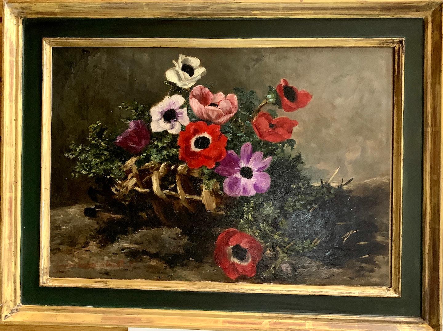 Lucienne Lemercier Still-Life Painting – Antikes französisches Stillleben mit Blumen in einem Korb aus dem 19. Jahrhundert