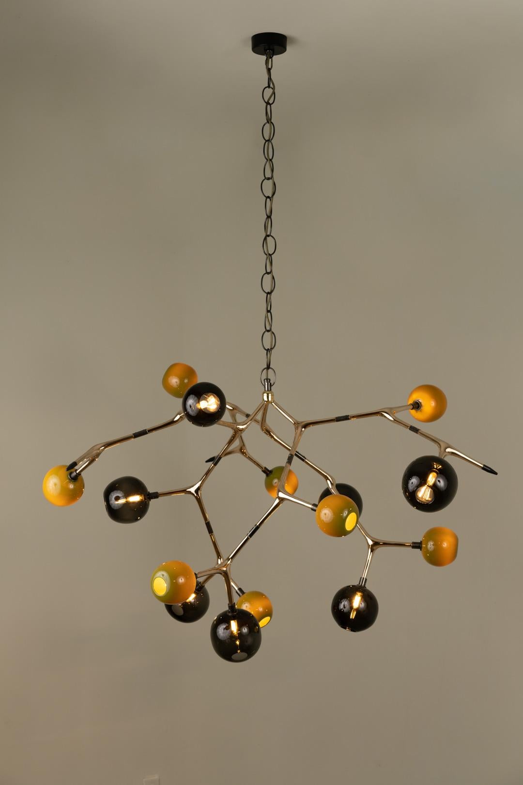 Contemporary Maratus15 Chandelier w/Lost-Wax Brass Blown Glass Globes Customizable UL MadeMX For Sale