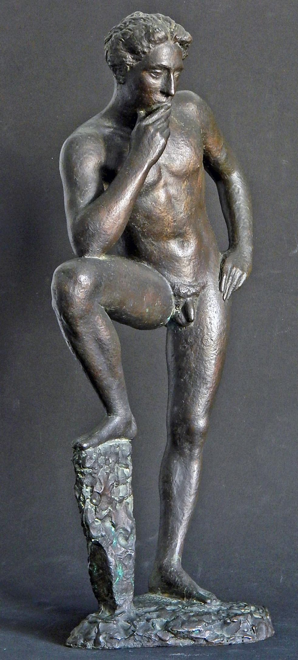 Appearing more thoughtful than malicious, this lovely standing male nude, with his raised leg resting on a jagged piece of stone, was sculpted by Antonio Salemme, an Italian-American artist of considerable renown in the 1920s, 1930s and 1940s.