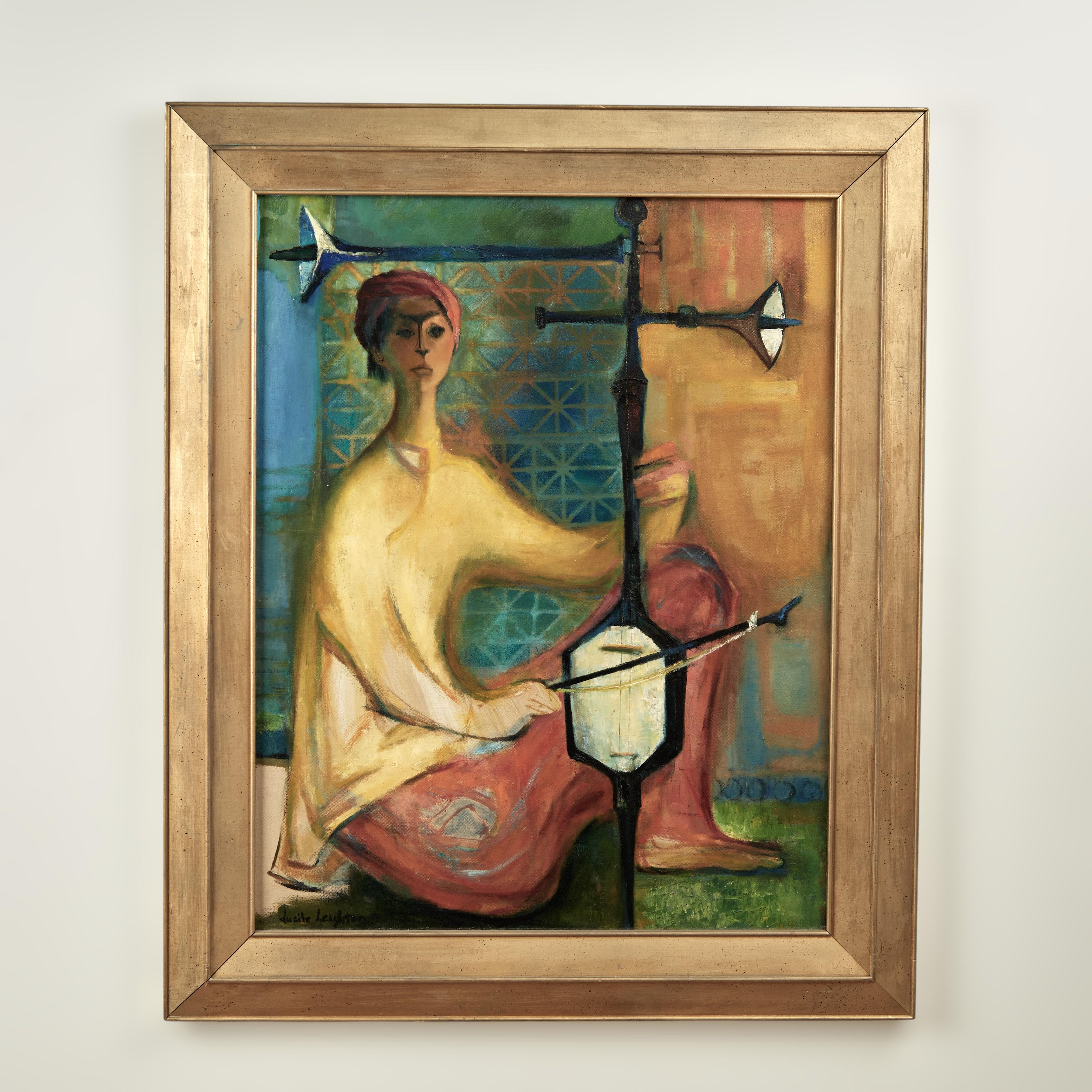 Mid century modernist acrylic painting on board of a musician with a musical contraption executed with bold colors and brush strokes. Signed Lucile Leighton in the lower left and presented in a gold tone wood frame.