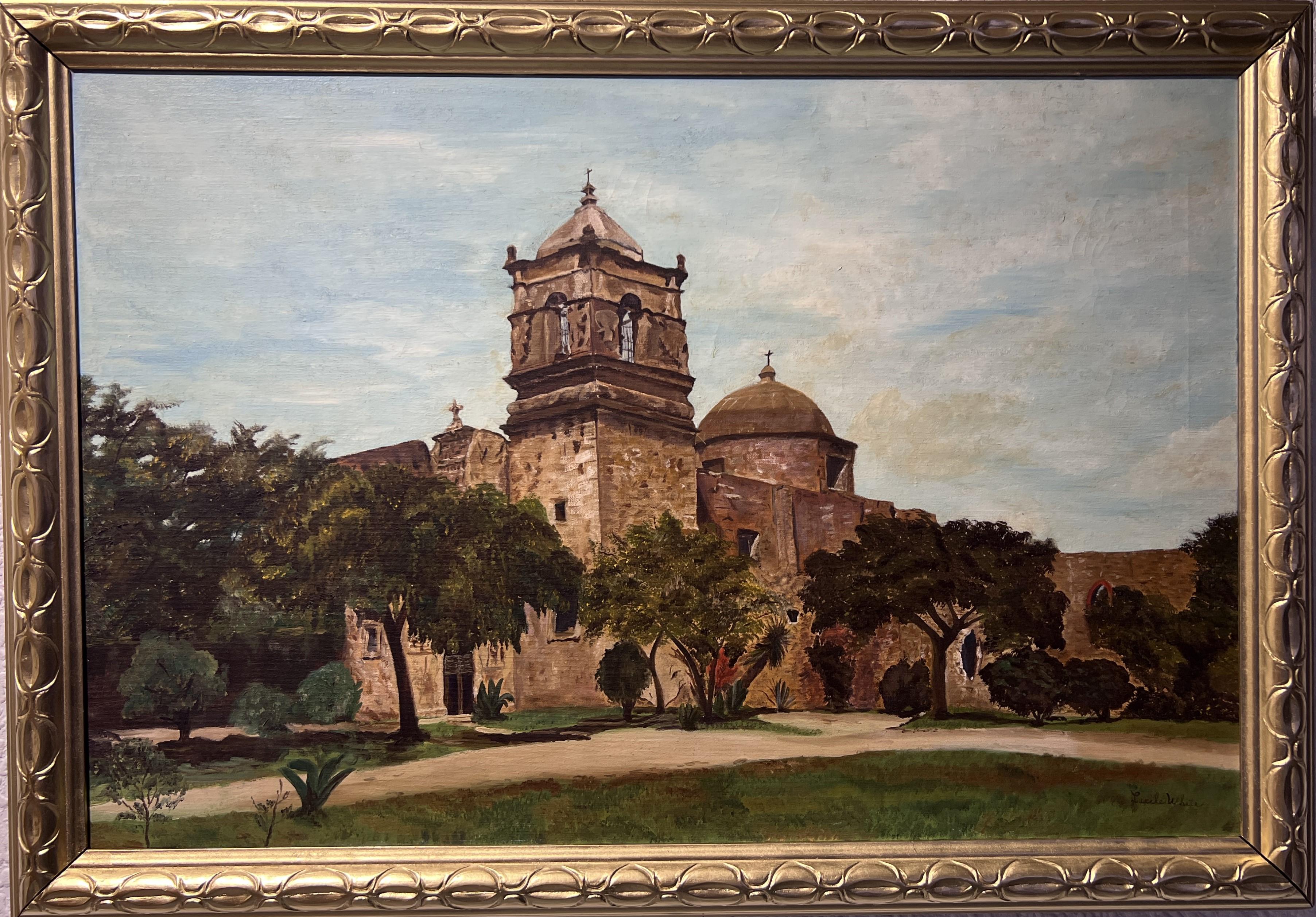 This is an original  vintage oil painting on canvas by  Lucile White. The central subject of the artwork is a castle or church, with a grand dome and an elaborate bell tower that punctuates the skyline. The architecture is detailed, featuring the