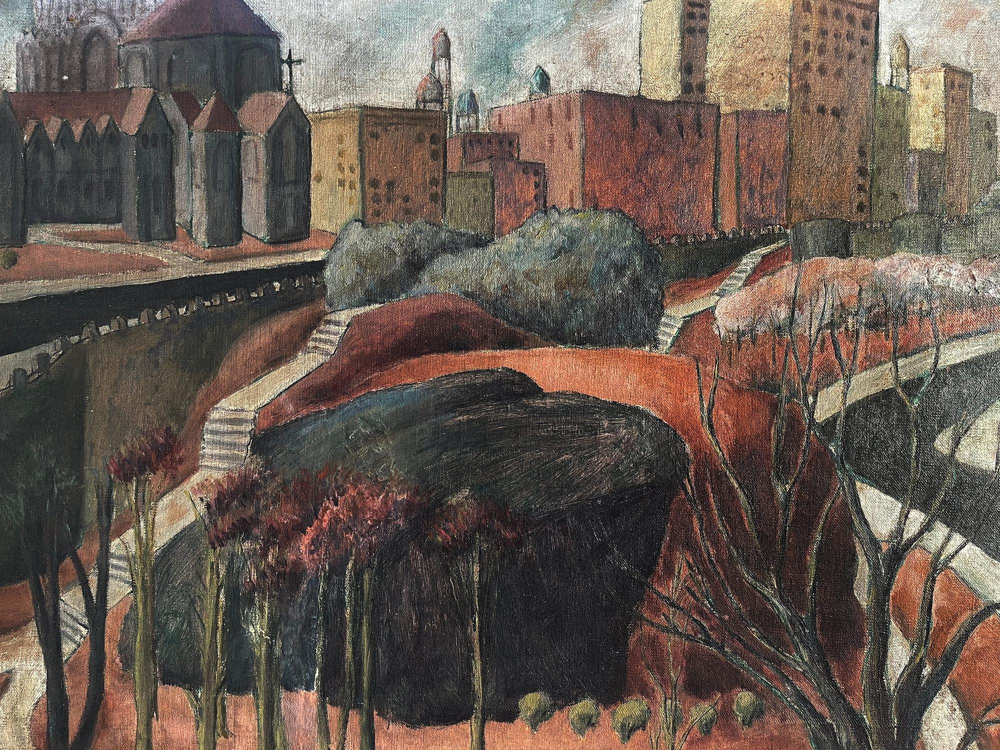 Morningside Park,  New York –  Die Kathedrale von St. John the Divine  (Braun), Landscape Painting, von Lucille Corcos