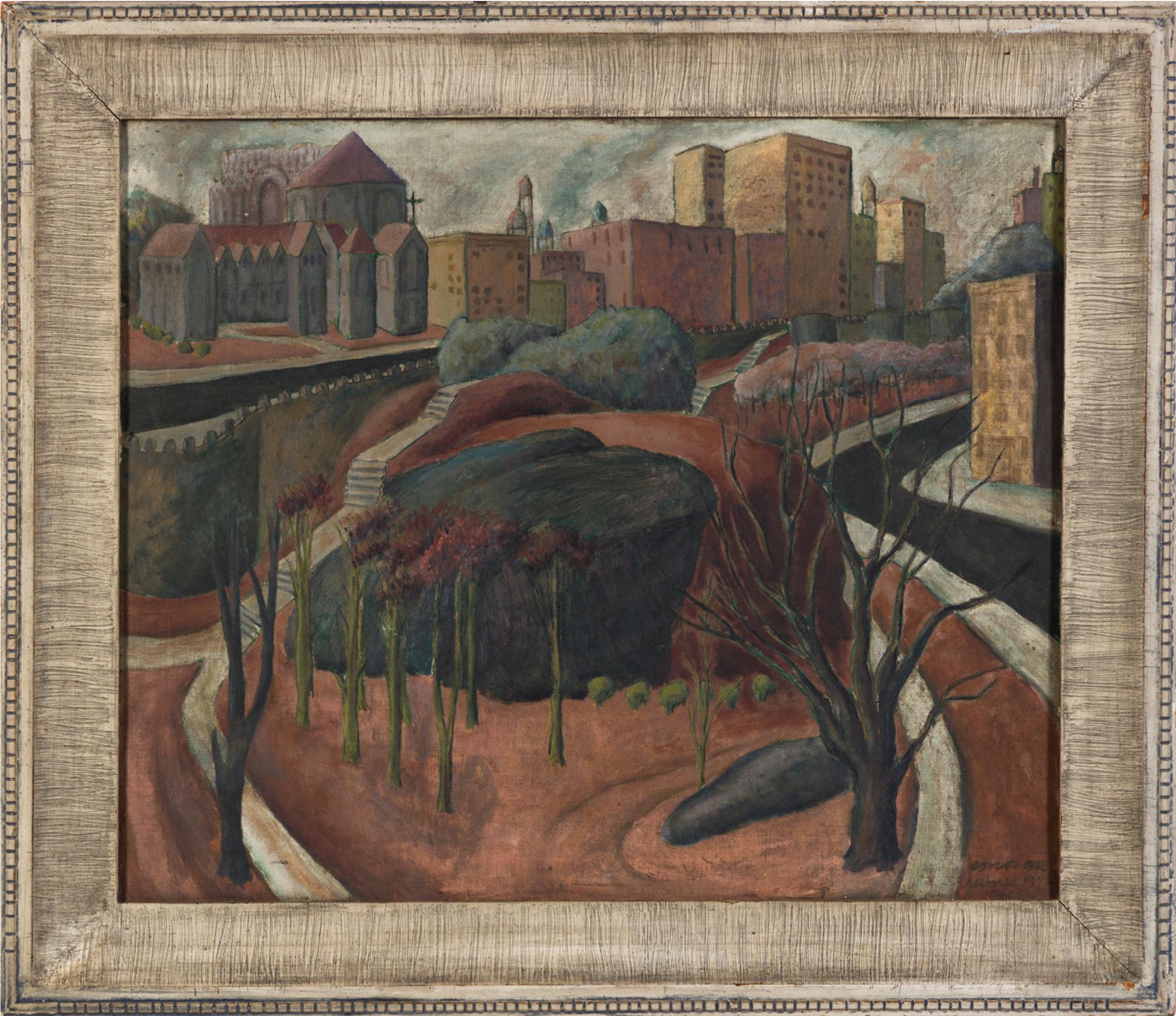 Corcos malt das, was der nördliche Teil des Central Park zu sein scheint, aus einer erhöhten Ansicht in nordwestlicher Richtung. Der Künstler verwendete eine begrenzte Palette von warmen Braun- und Grautönen mit kräftigen Umrisslinien. Sie war eine