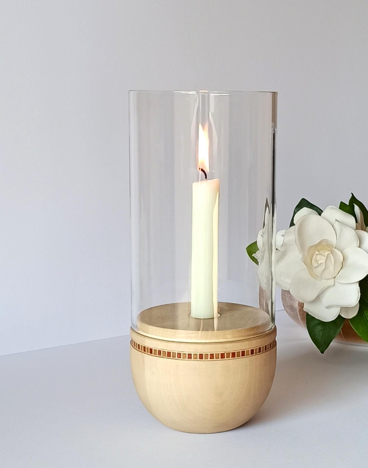 Minimalist Lucille Wood and Firewallglass Candle Holder Minimal Style by Giordano Vigano For Sale