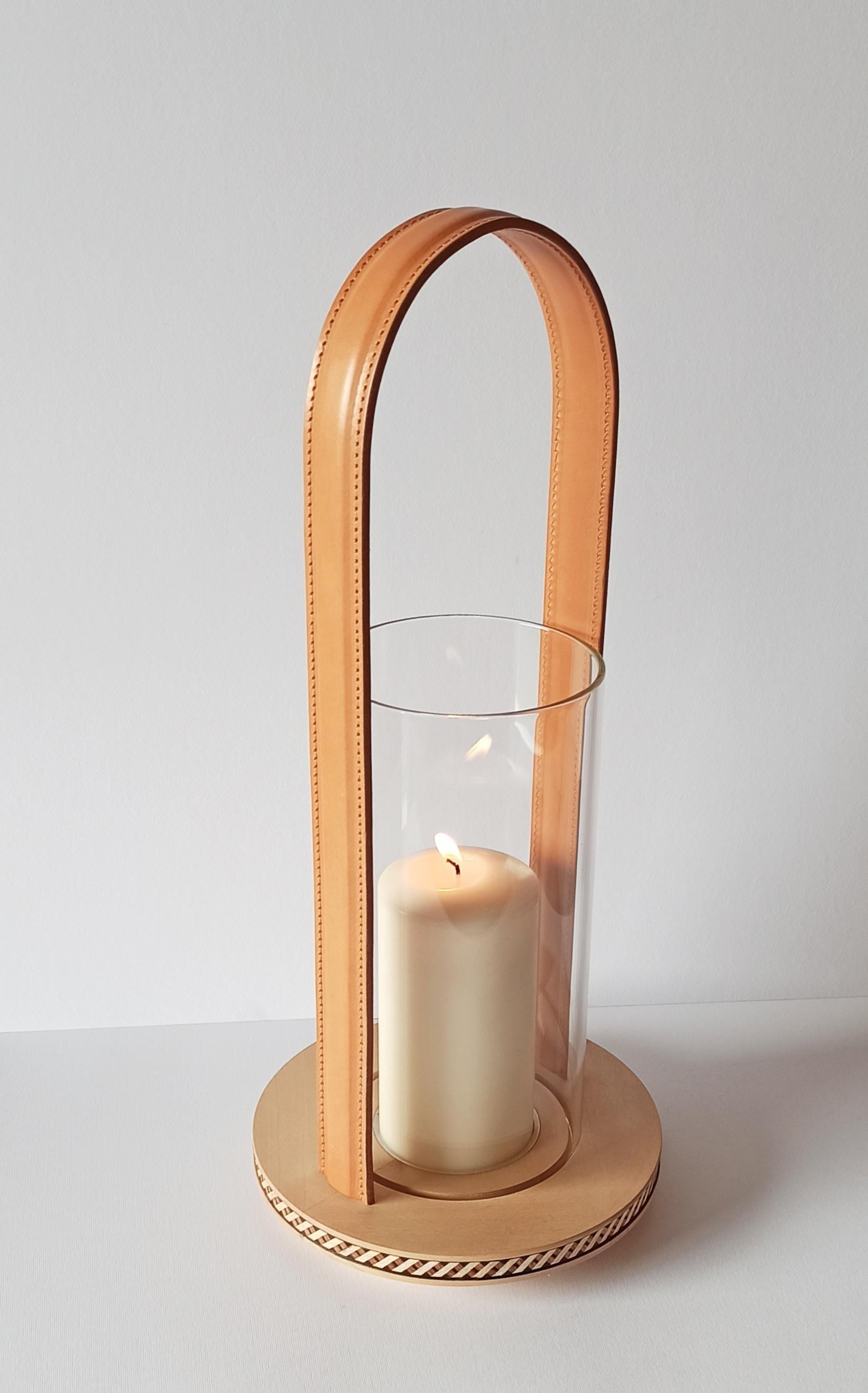 Minimalist Lucille Wood, Leather and Glass Candle Holder Minimal Style by Giordano Vigano For Sale