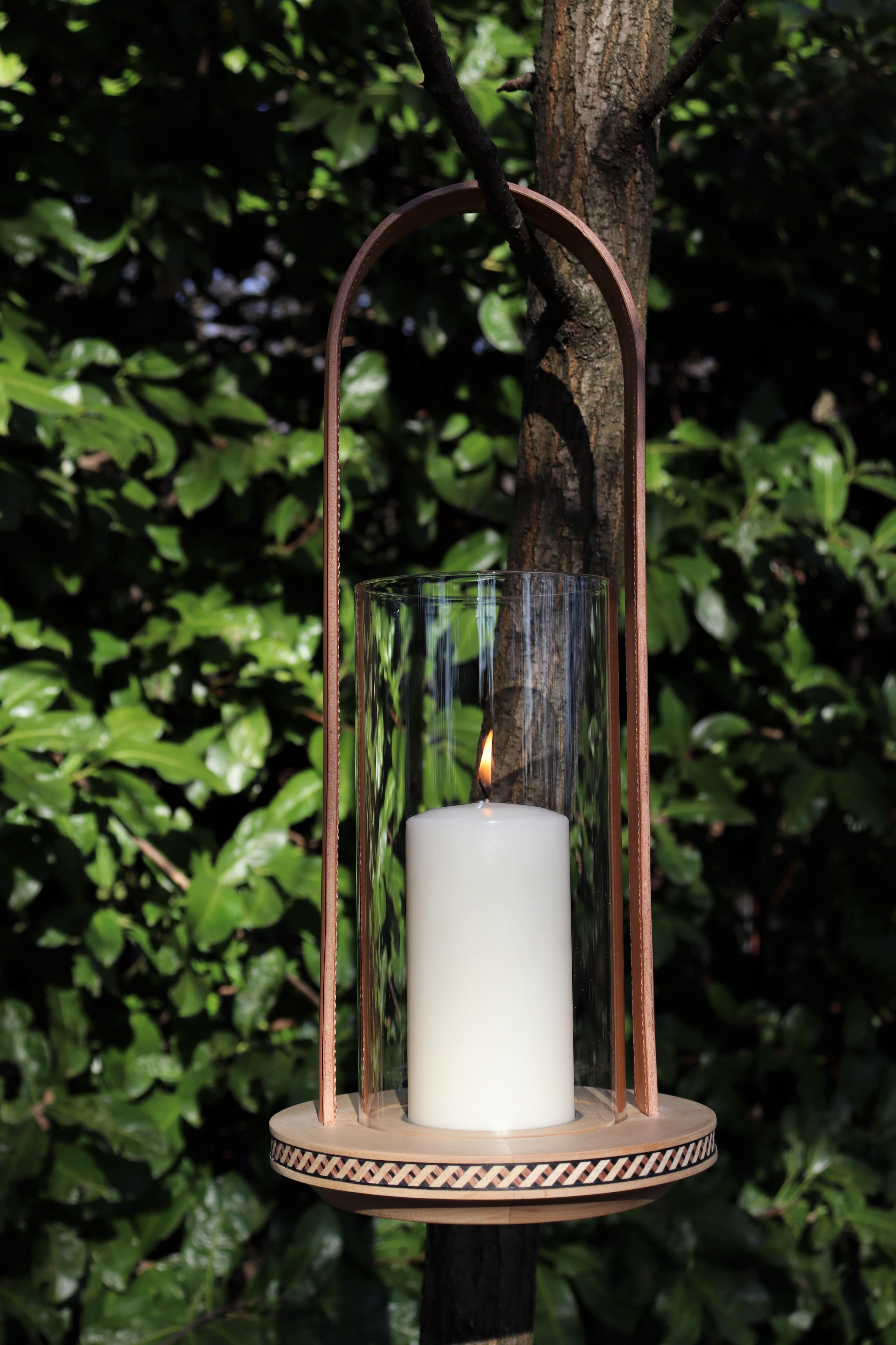 Italian Lucille Wood, Leather and Glass Candle Holder Minimal Style by Giordano Vigano For Sale