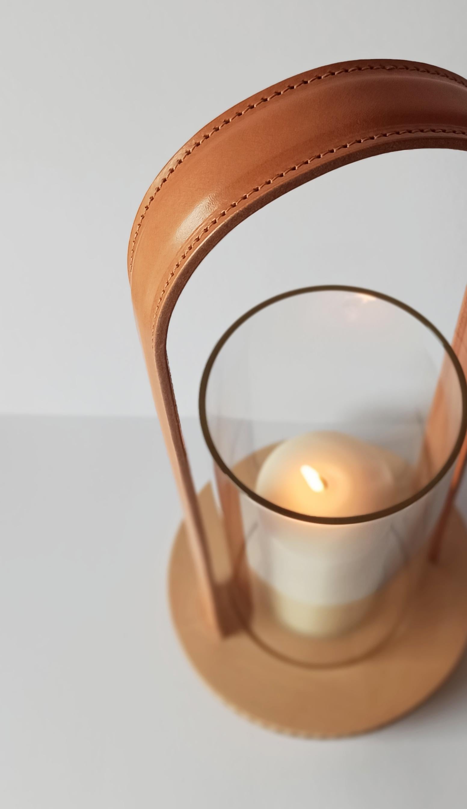 Turned Lucille Wood, Leather and Glass Candle Holder Minimal Style by Giordano Vigano For Sale