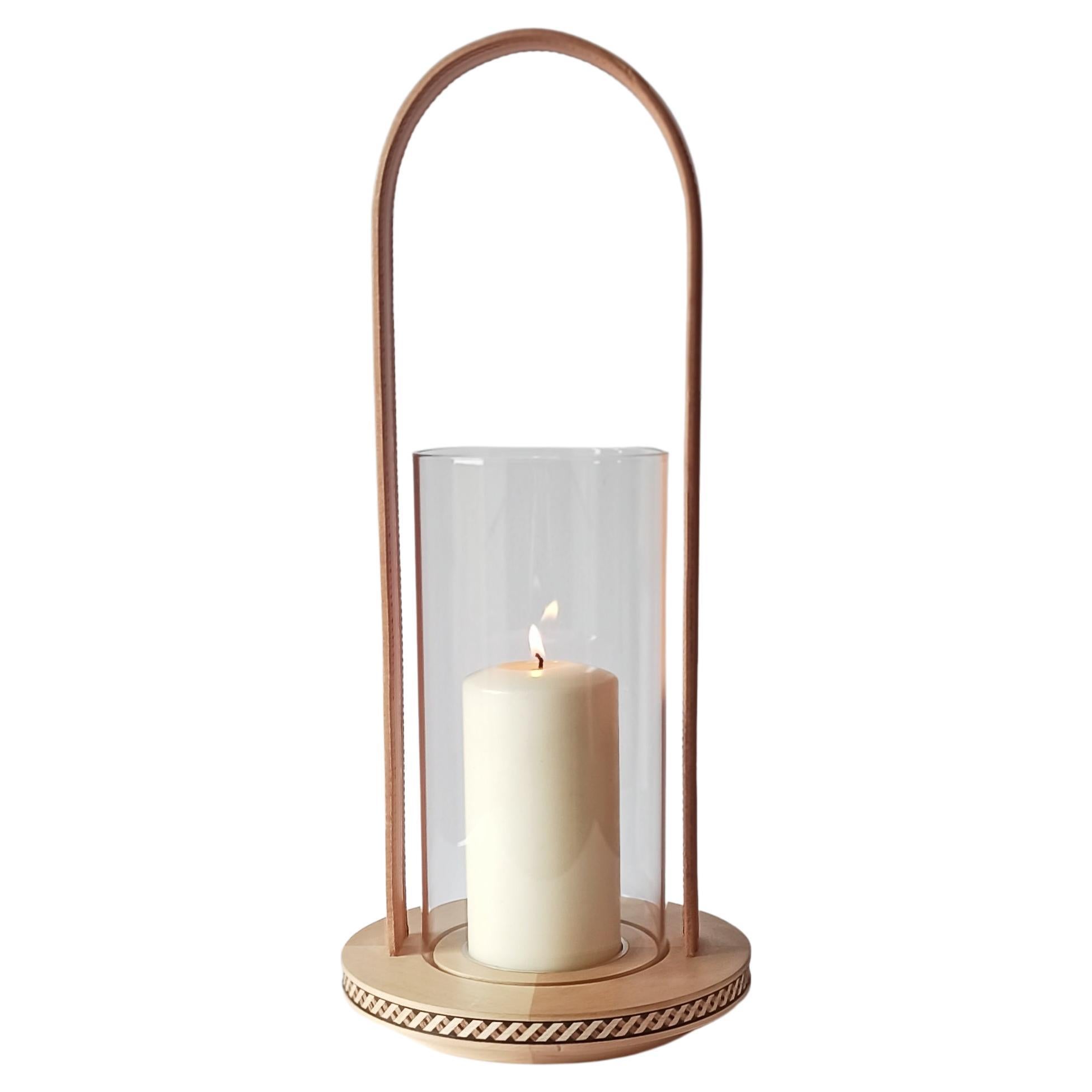 Lucille Wood, Leather and Glass Candle Holder Minimal Style by Giordano Vigano For Sale