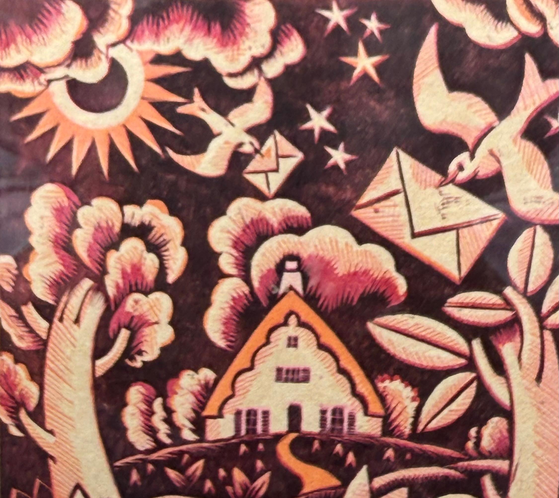 Incisione originale multicolore dell'artista americana Lucina Smith Wakefield. Firmato dall'artista in basso a sinistra. Circa 1930.  Le condizioni sono ottime, nessun problema. La linoleografia è contenuta nella sua cornice originale in legno