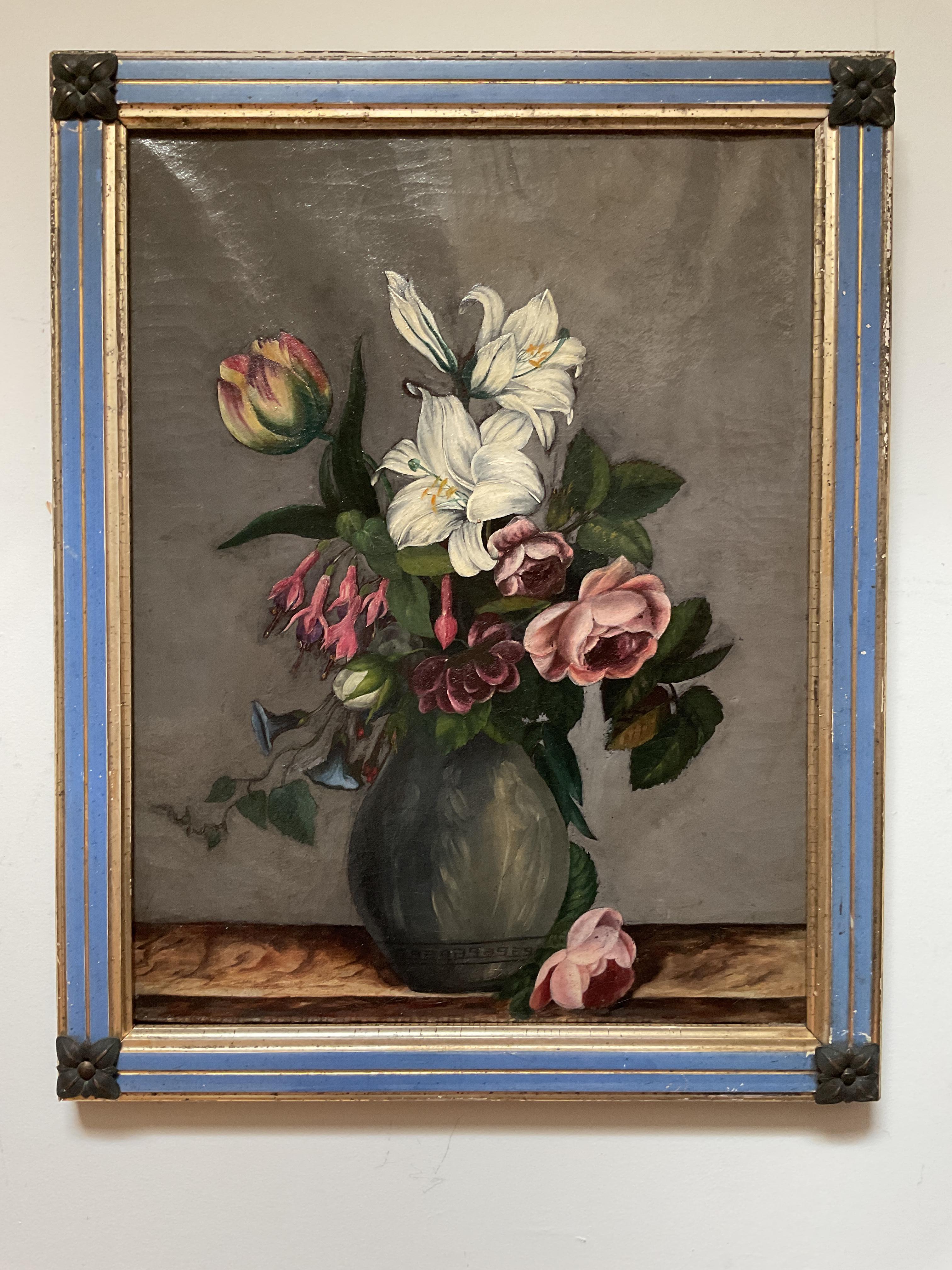 Still-Life Painting di Lucinda C. Church - Molto raro 19 centesimi. Pittura floreale della scuola americana, Lucinda Church, Pennsylvania