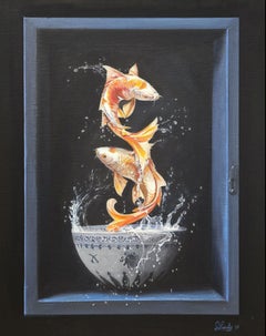 „2 springende Koi“, Original-Acryl auf Leinwand, zeitgenössischer Realismus, 28 x 35 cm