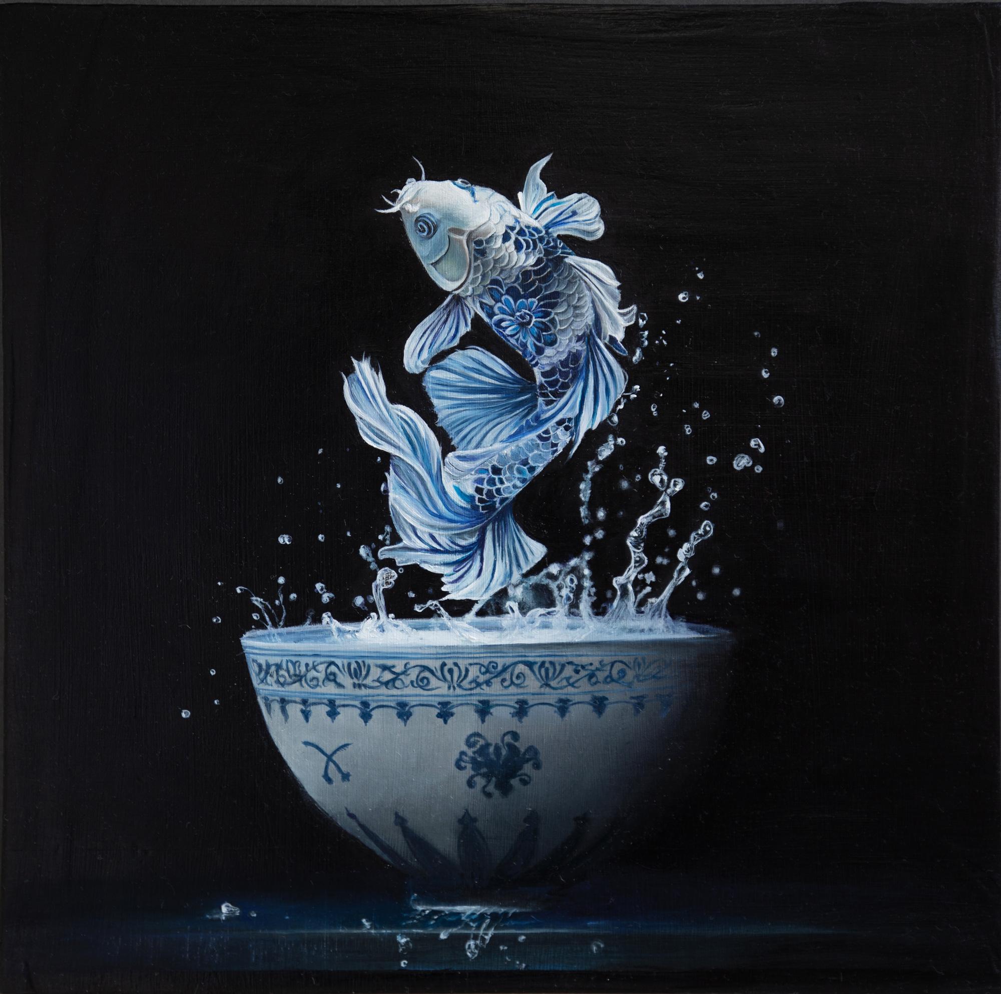 Blue Ming Rising - pittura ad olio originale realista - arte contemporanea della fauna selvatica