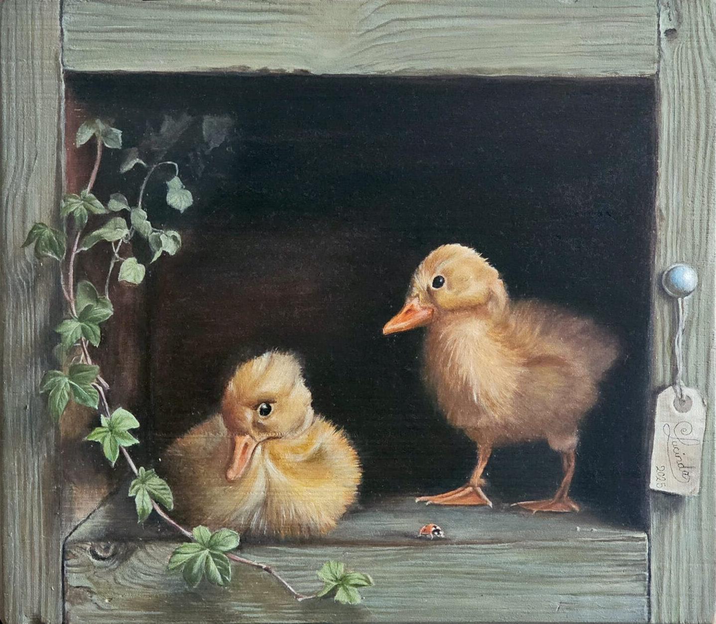 Entenküken in einer Box - original realistisches Ölgemälde - zeitgenössisches Kunstwerk der Tierwelt