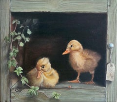 Ducklings in a Box - original realist oil painting-contemporary wildlife artwork