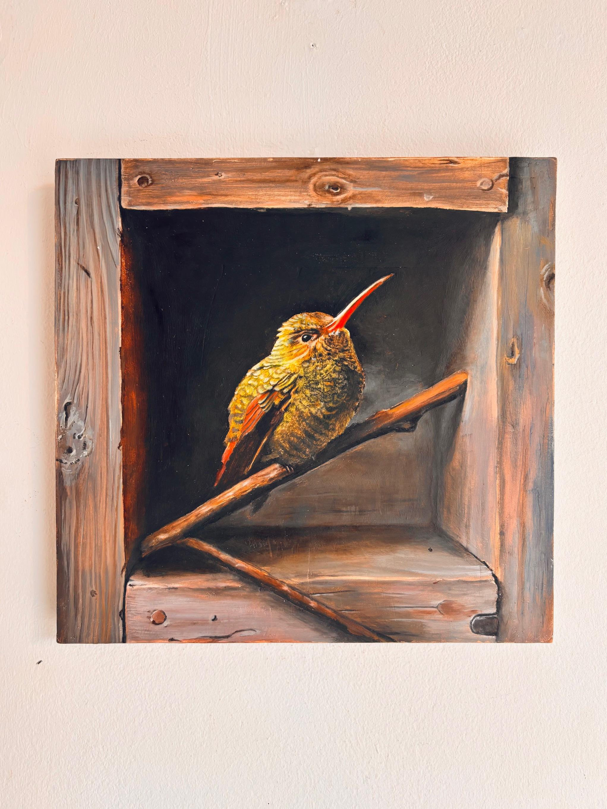 Grüner Singvogel in einer Schachtel- original realistisches Ölgemälde- zeitgenössische Kunst aus der Tierwelt – Painting von Lucinda Holland