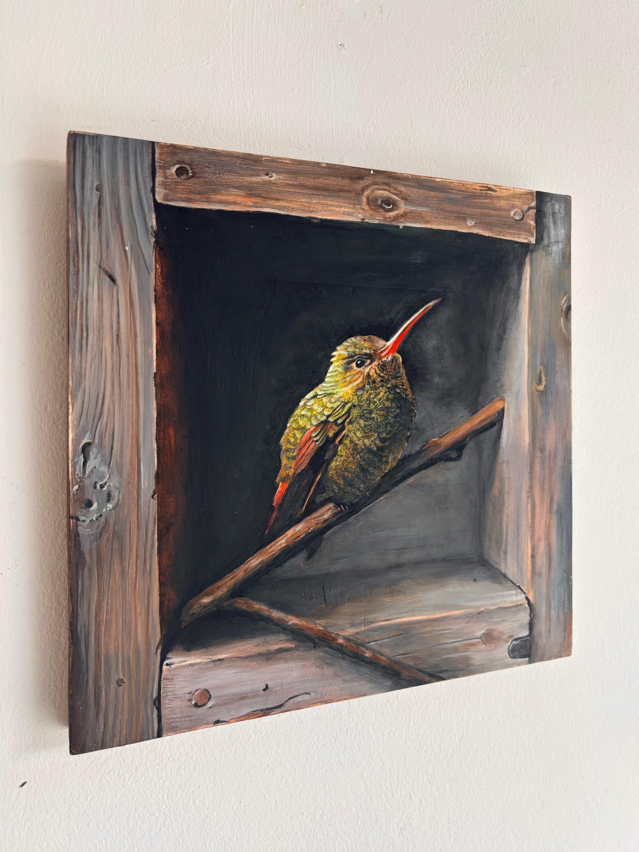 Grüner Singvogel in einer Schachtel- original realistisches Ölgemälde- zeitgenössische Kunst aus der Tierwelt (Realismus), Painting, von Lucinda Holland